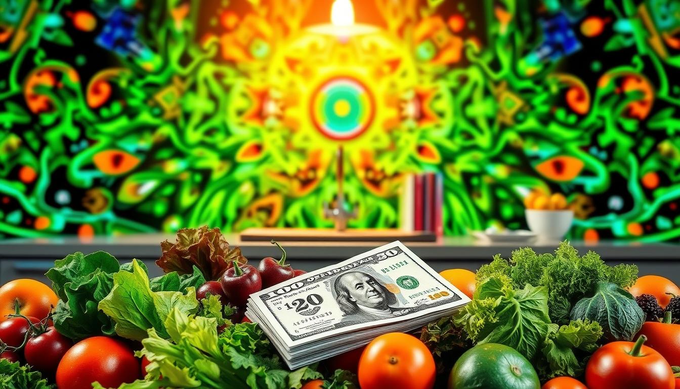 A vibrant, swirling display of money-saving low carb tips. In the foreground, an array of fresh, colorful produce - leafy greens, crisp vegetables, and ripe fruits. Nestled among them, a stack of neatly folded $20 bills, symbolizing the financial savings of a low-carb lifestyle. The middle ground features a sleek, modern kitchen counter, with a cutting board, chef's knife, and a few low-carb recipe books. Overhead, a warm, golden light casts a welcoming glow, creating a sense of budgetary harmony. In the background, a kaleidoscope of dynamic shapes and patterns in vibrant shades of green, blue, and orange, evoking the vibrant vitality of a low-carb diet.