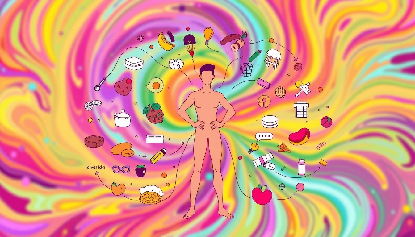 A vibrant, swirling illustration of a personalized carb recovery protocol. In the foreground, a stylized human figure in an active pose, surrounded by a dynamic array of colorful, abstract shapes and lines representing different elements of the recovery plan. The middle ground features a variety of food items, supplements, and lifestyle icons, each carefully positioned to suggest a holistic, tailored approach. The background is a mesmerizing blend of energetic, kaleidoscopic patterns, evoking a sense of revitalization and renewal. The overall composition conveys a harmonious, visually striking depiction of a customized carbohydrate recovery regimen.