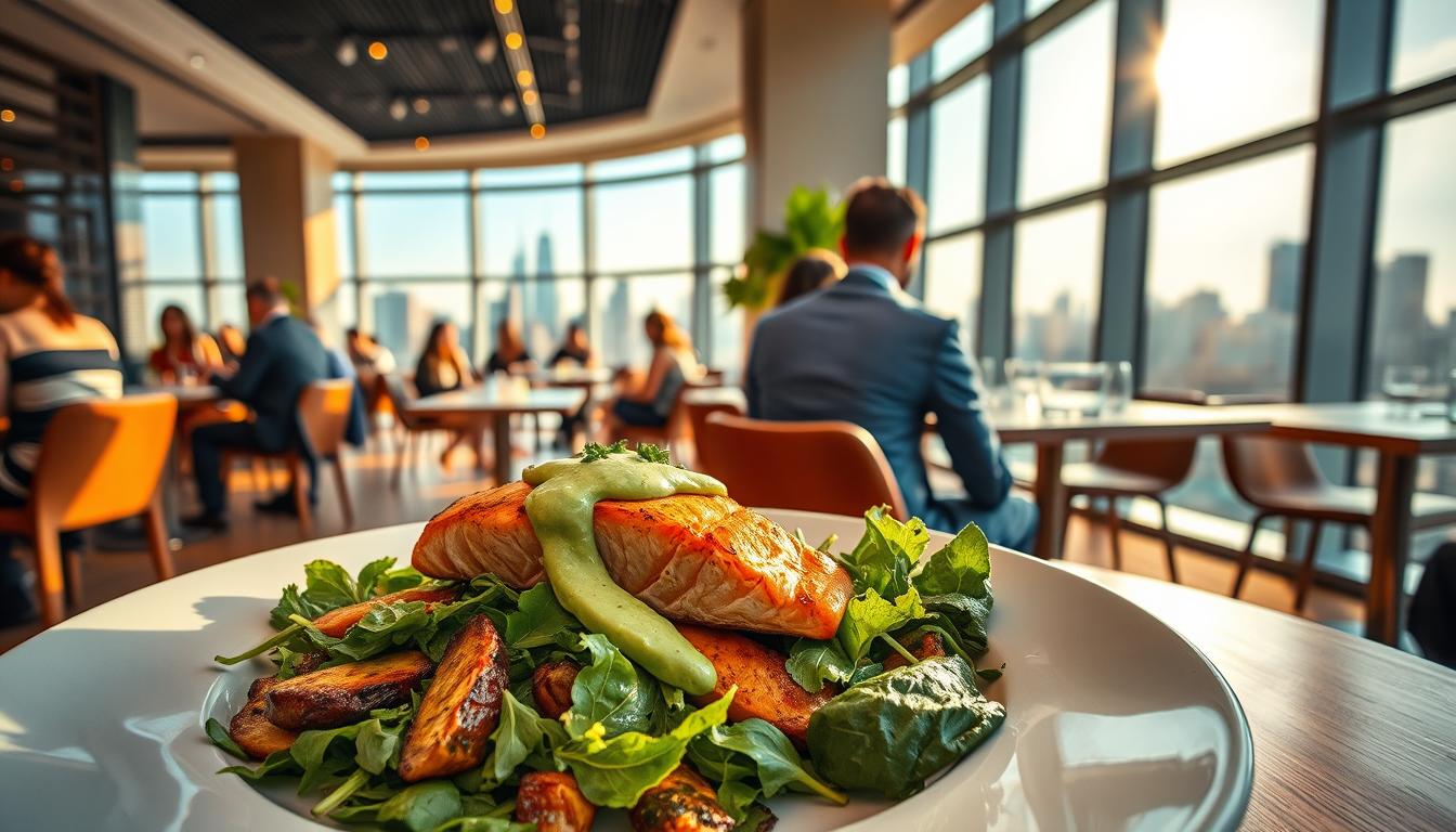 A vibrant, swirling scene of a modern low-carb restaurant with a focus on fresh, healthy ingredients. In the foreground, an artfully plated dish showcases grilled salmon atop a bed of leafy greens and roasted vegetables, with a creamy avocado-based dressing. The middle ground features well-dressed patrons enjoying their meals at sleek, minimalist tables, while the background is filled with a panoramic view of the city skyline through large, sun-drenched windows. Warm, soft lighting accentuates the clean, contemporary aesthetic, creating an atmosphere of wellness and sophistication.