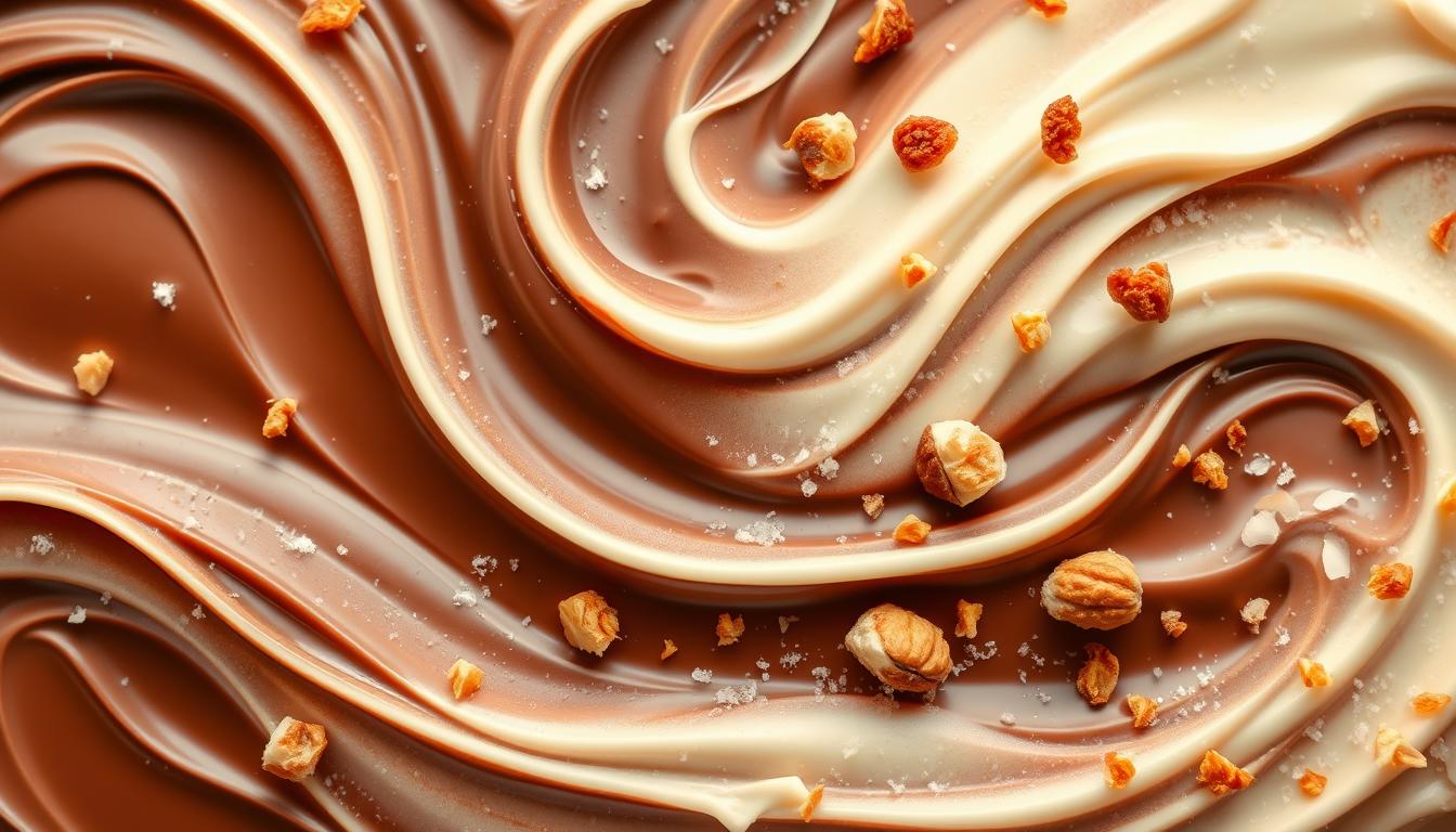 A vibrant, swirling texture of low-carb dessert ingredients. Wisps of silky, cream-colored icing dance across a backdrop of luscious, deep brown chocolate. Flecks of toasted coconut and crunchy nuts add layers of contrast, while a subtle shimmer of sugar crystals catches the warm, directional lighting. The image feels indulgent yet healthy, with a soft, velvety mouthfeel that belies its nutritious composition. Angles shift and blend, creating a sense of transformation and evolution that challenges preconceptions about low-carb sweets.