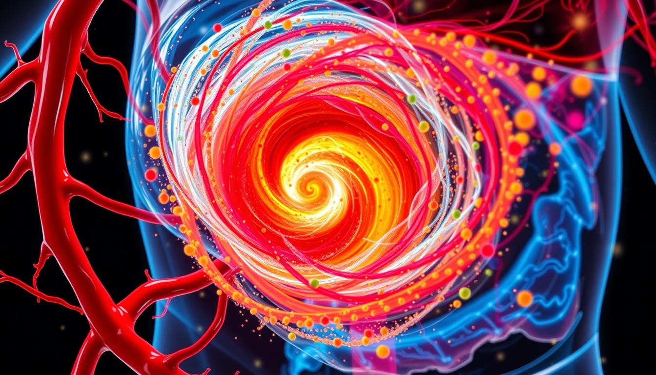 A vibrant swirling vortex of colorful carbohydrates, surging through a transparent human circulatory system. Arteries and veins pulsing with the hidden sugars, disrupting the delicate balance of blood glucose levels. Intricate web of metabolic pathways, overwhelmed by the onslaught of unexpected carbs. Dramatic lighting casts sharp shadows, highlighting the dramatic impact of these sneaky nutritional saboteurs. Visceral, almost organic feel, as the viewer is immersed in the physiological turmoil caused by hidden carbs.