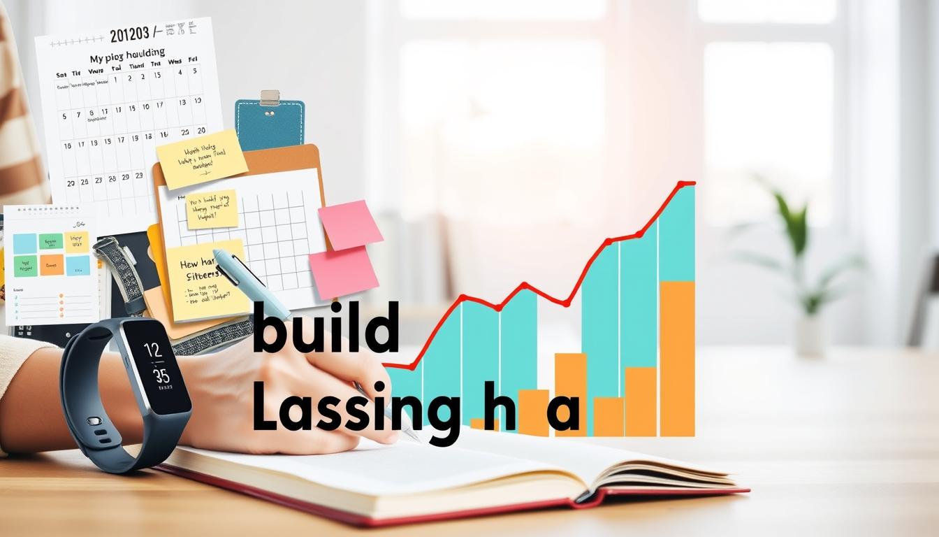 A vibrant visual representation of "build lasting habits". In the foreground, a person diligently writing in a journal, surrounded by a collage of habit-tracking tools - a calendar, a fitness tracker, and motivational sticky notes. The middle ground features a growth chart, showcasing the steady progress of habit-building over time. In the background, a serene, minimalist workspace with natural lighting, inspiring the viewer to cultivate their own routine. The overall mood is one of focus, determination, and a sense of calm control over one's personal growth. A vibrant visual representation of "build lasting habits". In the foreground, a person diligently writing in a journal, surrounded by a collage of habit-tracking tools - a calendar, a fitness tracker, and motivational sticky notes. The middle ground features a growth chart, showcasing the steady progress of habit-building over time. In the background, a serene, minimalist workspace with natural lighting, inspiring the viewer to cultivate their own routine. The overall mood is one of focus, determination, and a sense of calm control over one's personal growth.