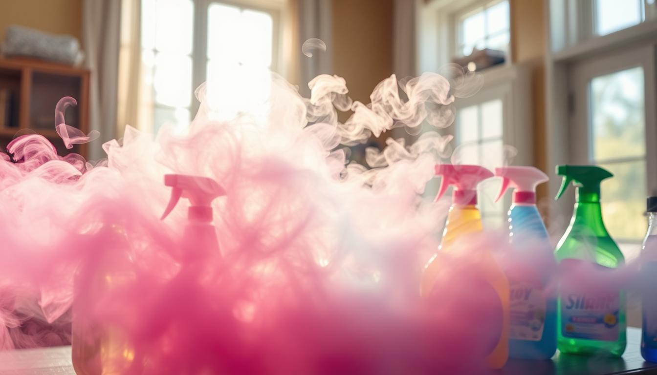 A vibrant visualization of volatile organic compounds (VOCs) emanating from common household cleaning products. In the foreground, a transparent layer depicts a hazy cloud of chemical vapors, tinged with a spectrum of colors. The middle ground features an array of familiar cleaning bottles and sprays, their labels obscured by the swirling VOCs. The background reveals a domestic interior, with sunlight filtering through windows, casting a warm glow over the scene. The overall atmosphere conveys a sense of hidden health risks lurking beneath the surface of seemingly innocuous cleaning routines.