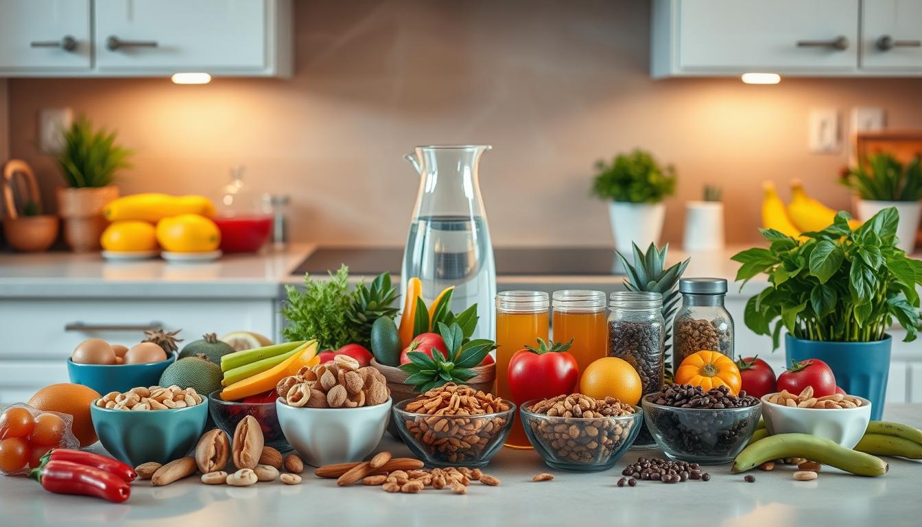 A vibrant, well-designed kitchen counter with an array of healthy snacks and beverages arranged in an appealing manner. In the foreground, a variety of fresh fruits, vegetables, and nuts are placed in attractive containers. In the middle ground, a sleek water carafe and a selection of herbal teas are prominently displayed. The background features a minimalist, natural-toned backsplash that complements the overall color scheme. The lighting is soft and warm, creating a cozy and inviting atmosphere that encourages mindful snacking and hydration. The scene conveys a sense of balance, nourishment, and intentionality, inspiring the viewer to make healthier choices and resist cravings. A vibrant, well-designed kitchen counter with an array of healthy snacks and beverages arranged in an appealing manner. In the foreground, a variety of fresh fruits, vegetables, and nuts are placed in attractive containers. In the middle ground, a sleek water carafe and a selection of herbal teas are prominently displayed. The background features a minimalist, natural-toned backsplash that complements the overall color scheme. The lighting is soft and warm, creating a cozy and inviting atmosphere that encourages mindful snacking and hydration. The scene conveys a sense of balance, nourishment, and intentionality, inspiring the viewer to make healthier choices and resist cravings.
