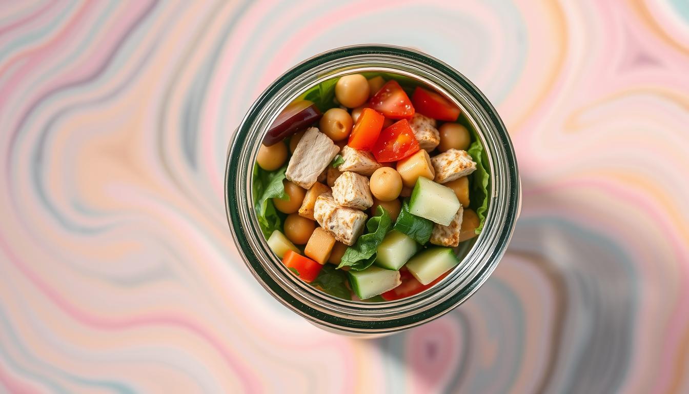 A vibrant, well-lit overhead view of a glass mason jar filled with a colorful and nourishing salad. The jar contains layers of fresh greens, diced vegetables like tomatoes, cucumbers, and bell peppers, a protein source such as grilled chicken or chickpeas, and a zesty vinaigrette dressing. The jar is set against a background of swirling, pastel-hued colors, creating a visually appealing and appetizing composition. The lighting is soft and natural, highlighting the textures and colors of the ingredients. The overall scene conveys a sense of freshness, health, and convenience, perfect for a quick, no-reheat lunch solution for busy office workers.