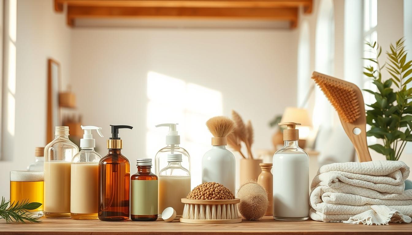 A vibrant, well-lit still life composition showcasing an assortment of eco-friendly, non-toxic cleaning products. In the foreground, an array of glass bottles and containers filled with plant-based cleansers, polishes, and detergents in muted, earthy tones. The middle ground features a variety of natural sponges, brushes, and cloth towels in soft neutrals. The background is a bright, airy space with warm, diffused lighting, accentuating the natural, minimalist aesthetic. The overall scene conveys a sense of simplicity, sustainability, and a healthier approach to everyday household cleaning. A vibrant, well-lit still life composition showcasing an assortment of eco-friendly, non-toxic cleaning products. In the foreground, an array of glass bottles and containers filled with plant-based cleansers, polishes, and detergents in muted, earthy tones. The middle ground features a variety of natural sponges, brushes, and cloth towels in soft neutrals. The background is a bright, airy space with warm, diffused lighting, accentuating the natural, minimalist aesthetic. The overall scene conveys a sense of simplicity, sustainability, and a healthier approach to everyday household cleaning.