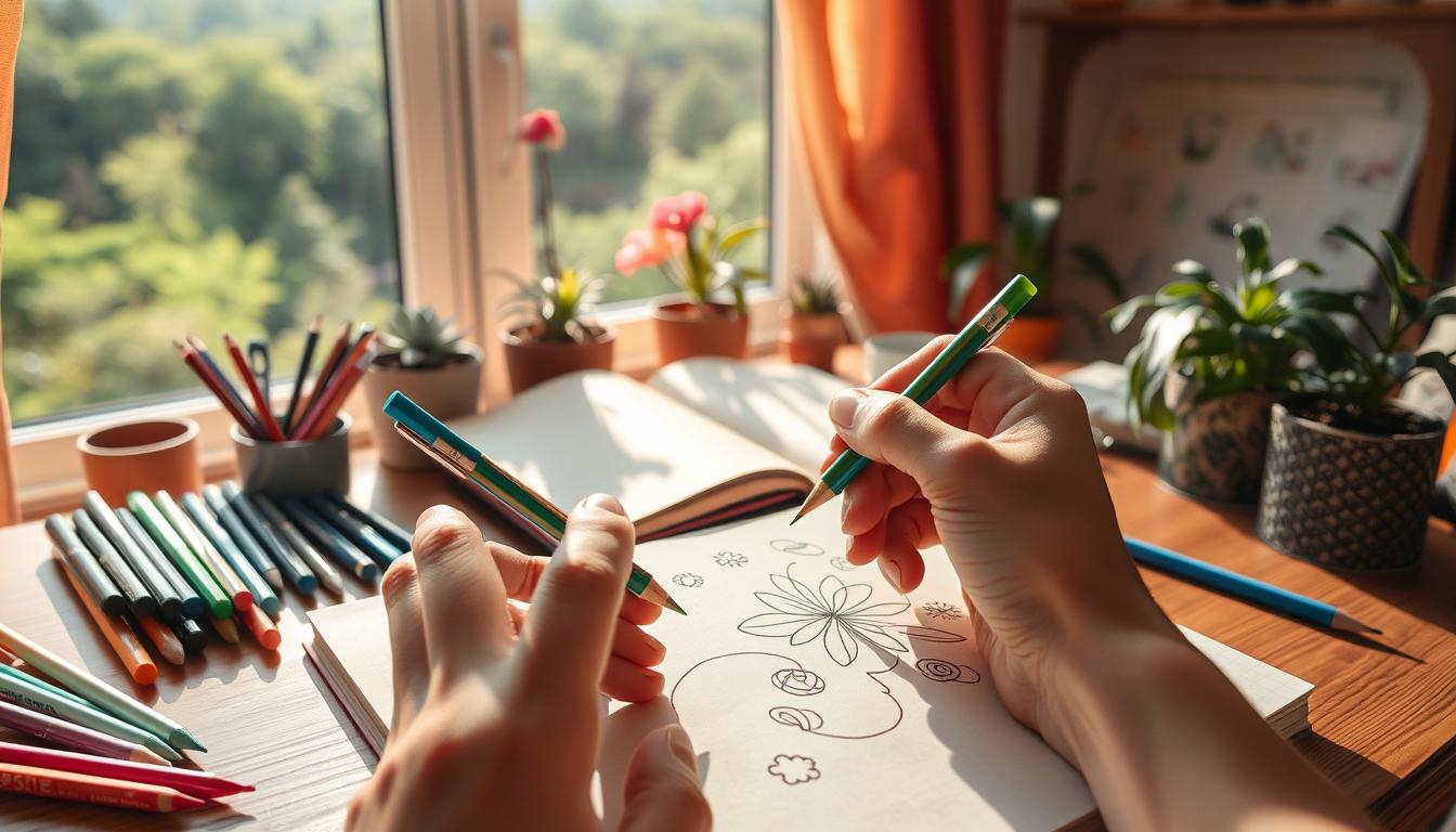 A vibrant, whimsical scene of mindful doodling techniques. In the foreground, a hand delicately holds a colorful pen, its movements gracefully tracing abstract shapes and patterns on a sketchpad. The middle ground features an array of artistic supplies - markers, pencils, and an open journal with doodle-filled pages. The background depicts a serene, sun-dappled workspace, with potted plants and a cozy window overlooking a lush, verdant landscape. Warm, natural lighting bathes the entire composition, creating a calming, contemplative atmosphere that invites the viewer to pause, breathe, and find creative expression.