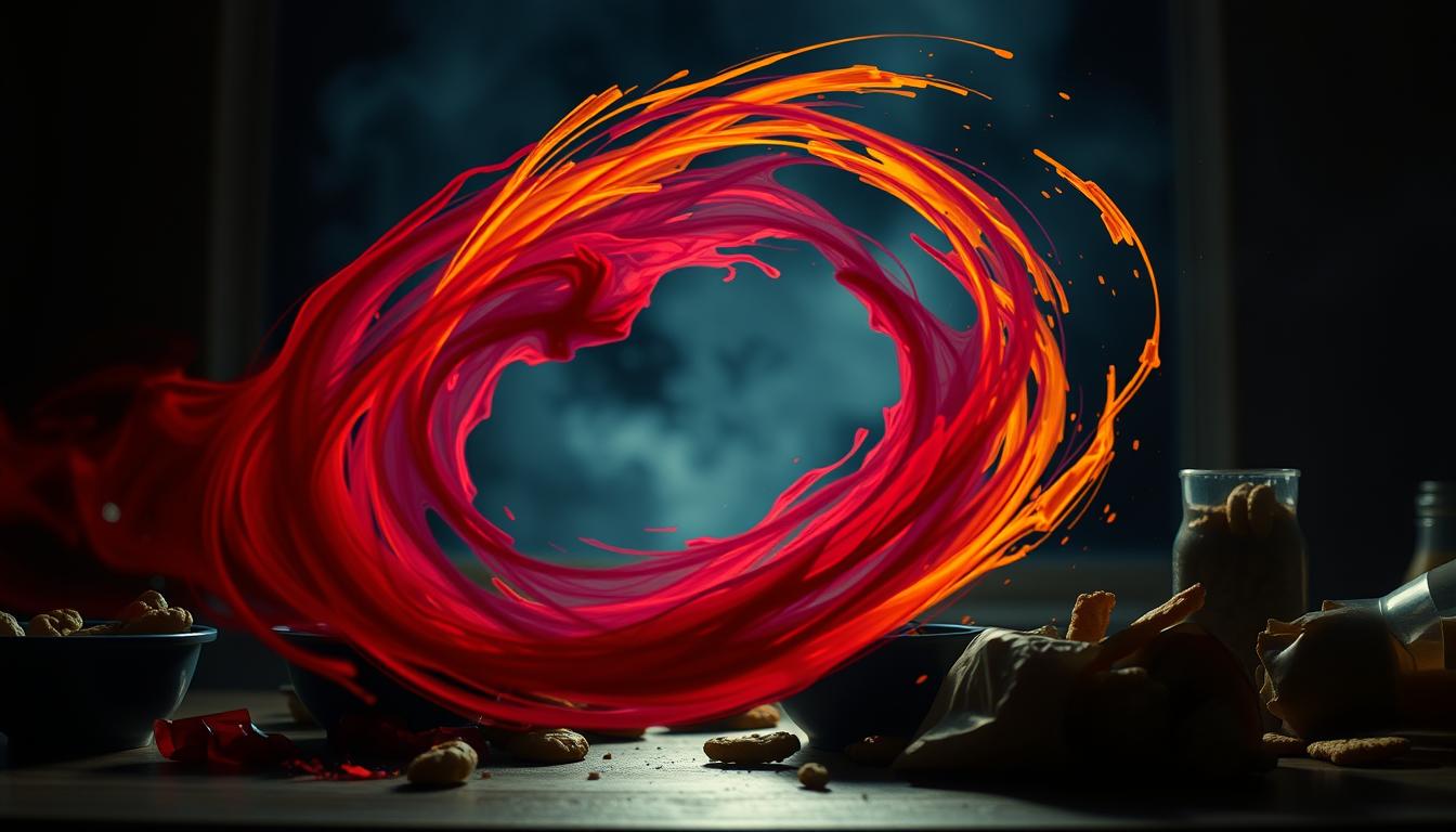 A visceral late-night scene depicting the cyclical surge and crash of hunger hormones. In the foreground, a swirling vortex of vibrant colors - crimson, indigo, and gold - symbolizing the hormonal fluctuations. Against a hazy, dimly lit background, the silhouettes of craving-inducing snacks linger, tempting the viewer. Dramatic lighting casts dramatic shadows, heightening the sense of urgency and restlessness. The image conveys the internal battle between the rational mind and primal urges that plague those struggling with nighttime cravings.