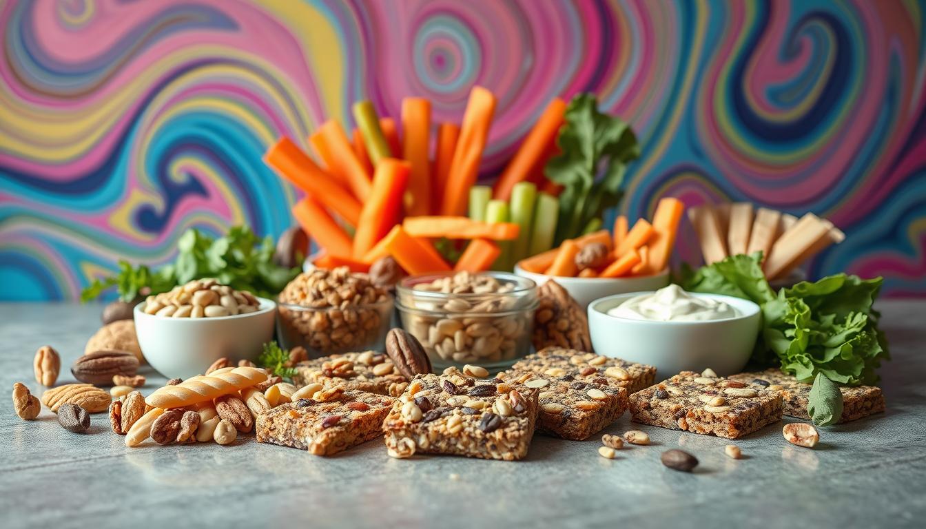 A visually appealing array of low-carb snack alternatives to traditional protein bars, arranged on a sleek, modern surface with a vibrant, swirling background. In the foreground, an assortment of nuts, seeds, nut butters, and dried fruits, carefully crafted into delectable, high-protein treats. The middle ground features a variety of fresh, crunchy vegetables and low-sugar dips, while the background showcases a dynamic, abstract pattern of vibrant, swirling colors that add a sense of energy and movement to the scene. The lighting is soft and diffused, highlighting the natural textures and colors of the healthy snacks. Captured with a wide-angle lens to provide a comprehensive view of the diverse array of low-carb, protein-rich options.