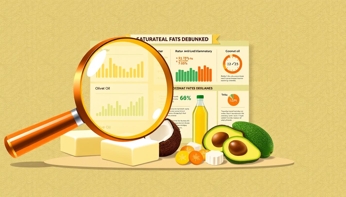 A visually striking and informative illustration of "Saturated Fat Myths Debunked". In the vibrant foreground, a giant magnifying glass hovers over a selection of natural, whole-food fats - butter, coconut oil, olive oil, and avocado. The magnifier's lens casts a warm, golden glow, illuminating the truth about these healthy, anti-inflammatory fats. In the middle ground, scientific charts and infographics debunk common misconceptions, presenting data in a clear, eye-catching manner. The background features a muted, textured landscape of lush greenery, subtly suggesting the natural, plant-based origins of these nourishing lipids. The overall composition conveys a sense of clarity, insight, and a balanced, holistic understanding of the benefits of traditional, saturated fats. A visually striking and informative illustration of "Saturated Fat Myths Debunked". In the vibrant foreground, a giant magnifying glass hovers over a selection of natural, whole-food fats - butter, coconut oil, olive oil, and avocado. The magnifier's lens casts a warm, golden glow, illuminating the truth about these healthy, anti-inflammatory fats. In the middle ground, scientific charts and infographics debunk common misconceptions, presenting data in a clear, eye-catching manner. The background features a muted, textured landscape of lush greenery, subtly suggesting the natural, plant-based origins of these nourishing lipids. The overall composition conveys a sense of clarity, insight, and a balanced, holistic understanding of the benefits of traditional, saturated fats.