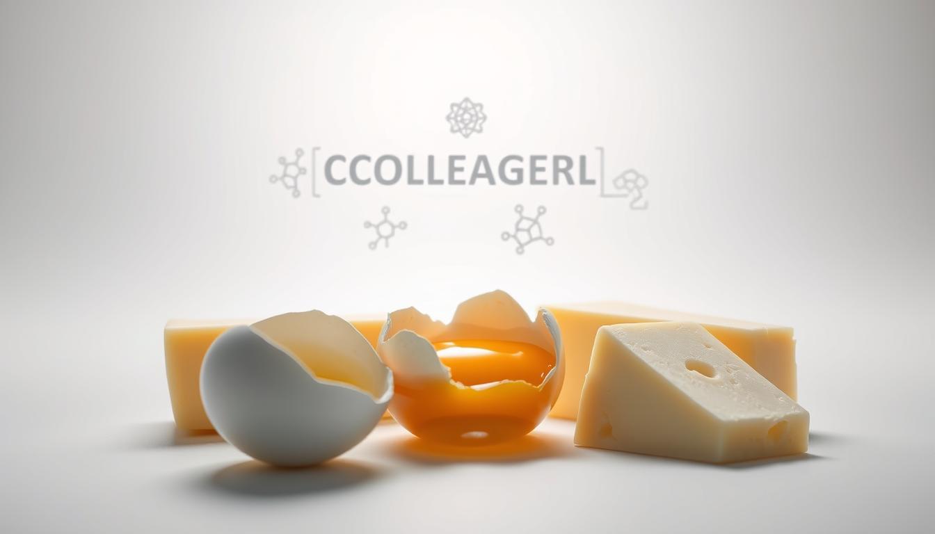 A visually striking image showcasing the role of cholesterol in eggs and dairy products. The foreground features a vibrant arrangement of a cracked egg yolk, a wedge of cheese, and a pat of butter, all against a clean, minimalist background. The lighting is natural and soft, highlighting the textures and colors of the food items. The middle ground includes subtly illustrated molecular structures and diagrams related to cholesterol, adding an informative scientific element. The background is a soft, gradient-based color palette, creating a sense of calm and focus on the main subject matter. The overall mood is one of clarity, balance, and an educational approach to understanding the relationship between cholesterol, eggs, and dairy.