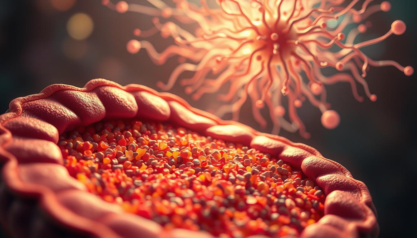 A visually striking, macro-level illustration of the complex gut-autoimmune connection. In the foreground, a vibrant, highly detailed cross-section of the human gut, its microbial inhabitants bustling with activity. Beyond, an ethereal representation of the immune system, with wispy tendrils intertwining with the gut microbiome. Soft, diffused lighting casts a warm, contemplative glow, underscoring the intimate, intricate relationship between these two vital systems. The composition is balanced, with a sense of depth and movement, inviting the viewer to ponder the unseen, yet profound, ways in which gut health influences autoimmune processes. A thought-provoking, scientifically accurate depiction of the gut-autoimmune connection.