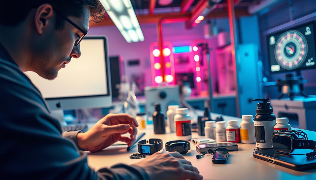 A visually striking scene of a biohacking lifestyle, captured in a crisp, high-resolution image. In the foreground, a person is intently studying a set of advanced biometric sensors and wearable devices, their face illuminated by the soft glow of a computer screen. The middle ground features an array of biohacking tools, including nootropics, supplements, and cutting-edge gadgets, all neatly organized on a sleek, minimalist workspace. The background showcases a vibrant, futuristic laboratory setting, with state-of-the-art equipment and a sense of technological innovation. The overall atmosphere is one of focused, scientific inquiry, with a vibrant, almost futuristic aesthetic that captures the essence of biohacking as a science-backed approach to self-optimization.