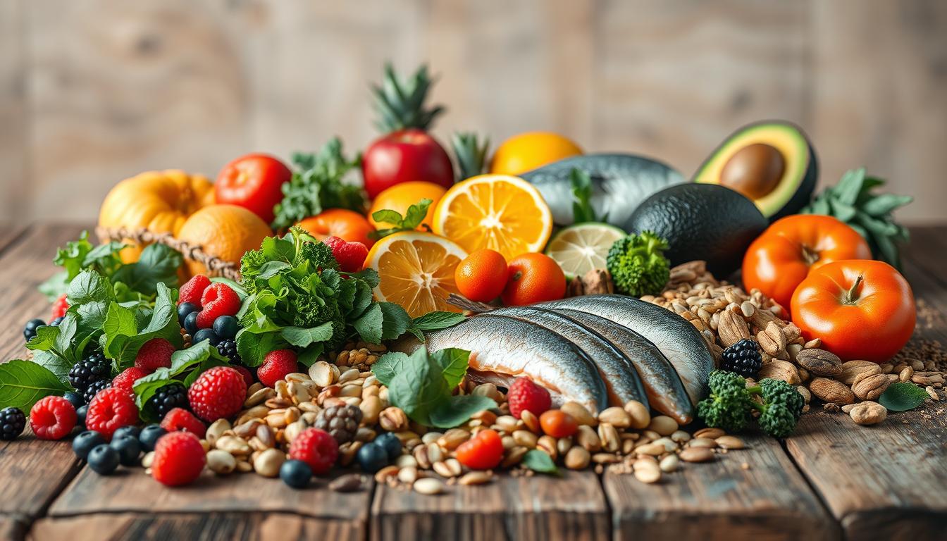 A visually striking still life featuring a vibrant assortment of "mind diet" foods arranged on a rustic wooden table. In the foreground, a colorful array of berries, leafy greens, nuts, and seeds are carefully positioned, highlighting their natural beauty and nutrient-rich properties. The middle ground showcases a variety of fresh fish, rich in omega-3 fatty acids, alongside vibrant citrus fruits and avocados. In the background, a subtle play of soft, warm lighting casts a gentle glow, creating a calming, contemplative atmosphere. The overall composition emphasizes the nourishing, brain-boosting qualities of these carefully selected ingredients, inviting the viewer to consider the powerful connection between diet and cognitive health.