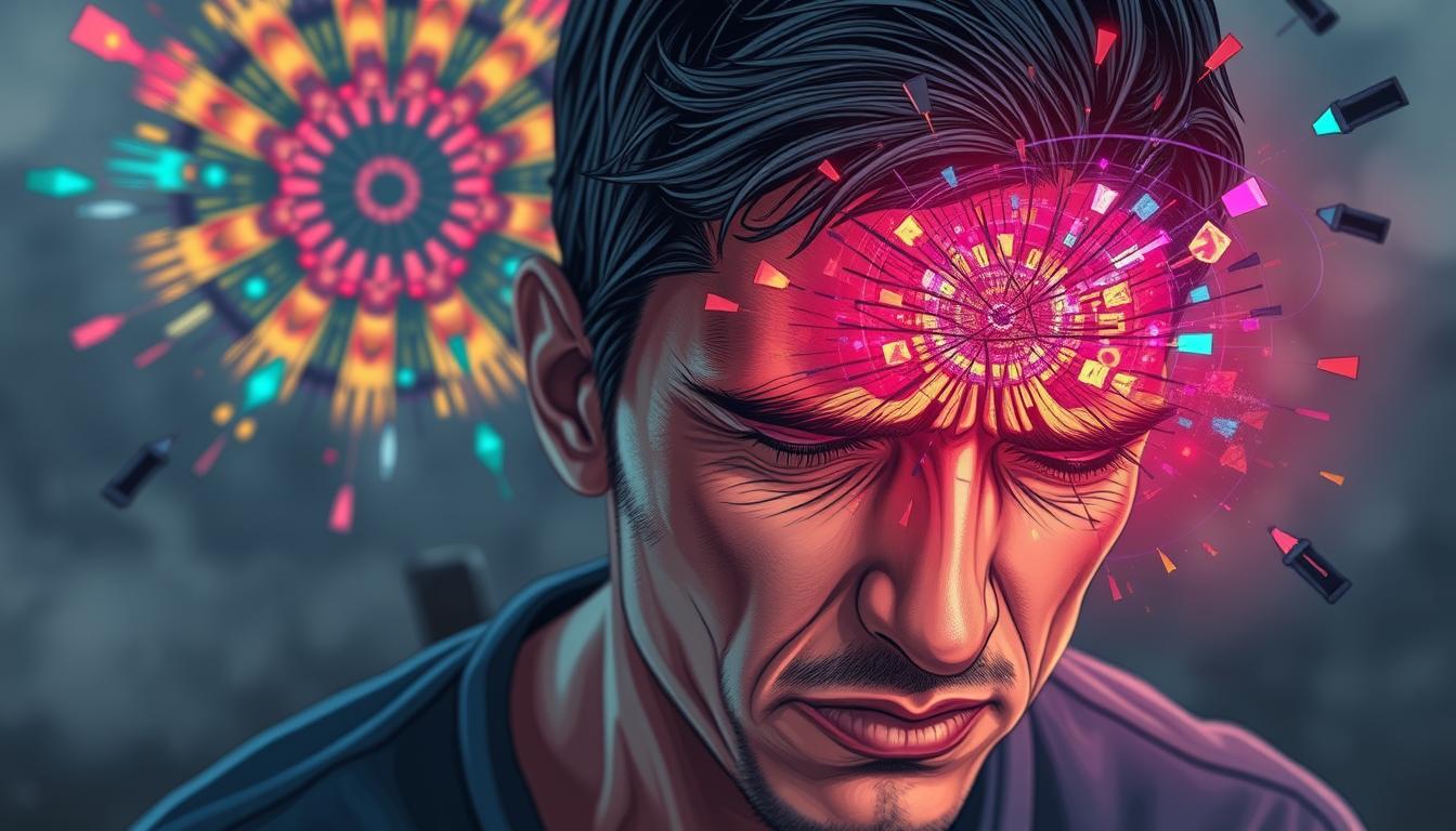 A vivid and intricate depiction of migraine symptoms, captured in a detailed illustration. In the foreground, a throbbing, piercing headache is visualized through a kaleidoscope of vibrant, pulsating lights and distorted, fragmented shapes. The middle ground showcases the peripheral effects, with the subject's eyes squinting in pain, their face contorted in discomfort. In the background, a hazy, out-of-focus environment symbolizes the sensitivity to light and sound experienced during a migraine episode. The overall mood is one of intense, overwhelming sensations, conveying the debilitating nature of this neurological condition. Dramatic lighting and a slightly skewed camera angle add to the sense of distress and unease. A vivid and intricate depiction of migraine symptoms, captured in a detailed illustration. In the foreground, a throbbing, piercing headache is visualized through a kaleidoscope of vibrant, pulsating lights and distorted, fragmented shapes. The middle ground showcases the peripheral effects, with the subject's eyes squinting in pain, their face contorted in discomfort. In the background, a hazy, out-of-focus environment symbolizes the sensitivity to light and sound experienced during a migraine episode. The overall mood is one of intense, overwhelming sensations, conveying the debilitating nature of this neurological condition. Dramatic lighting and a slightly skewed camera angle add to the sense of distress and unease.