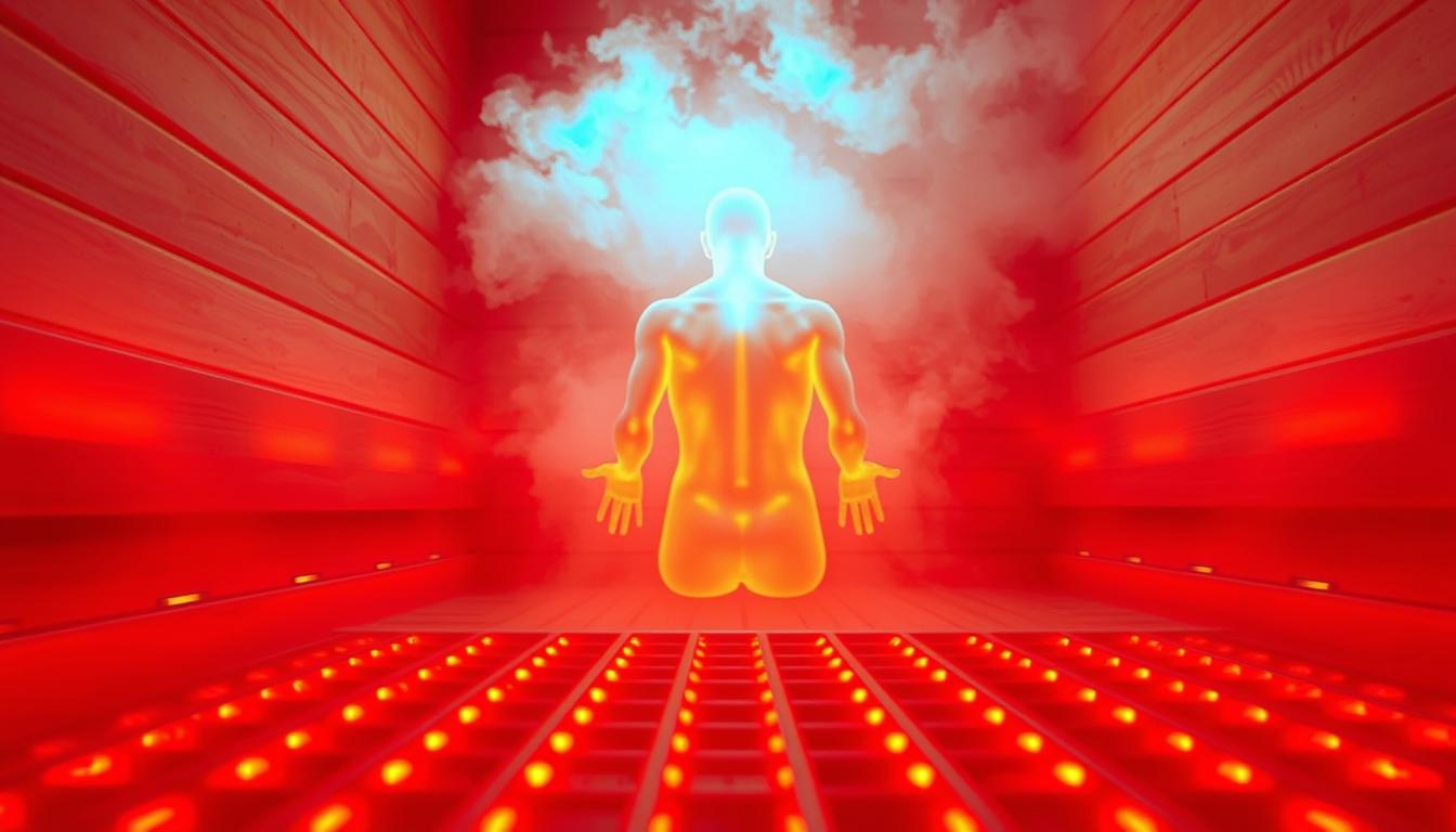 A vivid, high-contrast infrared image showcasing the penetrative heat of an infrared sauna. In the foreground, a close-up view of the glowing red heating elements emitting intense, radiant warmth. The middle ground features a transparent silhouette of a person's body, the heat waves visibly penetrating the skin. In the background, a hazy, atmospheric steam-filled space, the warm glow permeating the environment. Dramatic lighting accentuates the dynamic interplay of heat, light, and the human form. A technically precise, visually striking depiction of the penetrative power of infrared sauna therapy.