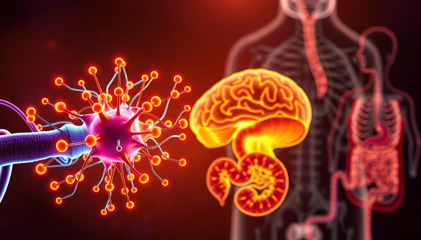 A vivid illustration of the intricate mechanisms by which vitamin D regulates appetite. In the foreground, a detailed schematic of the vitamin D receptor and its interactions with hormones and neurotransmitters, rendered in a vibrant color palette. In the middle ground, a cross-section of the hypothalamus, the brain's control center for hunger and satiety, with glowing synapses and neural pathways. In the background, a stylized representation of the digestive system, highlighting the role of vitamin D in modulating gut hormones that influence appetite. The scene is illuminated by a warm, natural light, conveying the importance of sunlight exposure for vitamin D production and its subsequent effects on weight management.