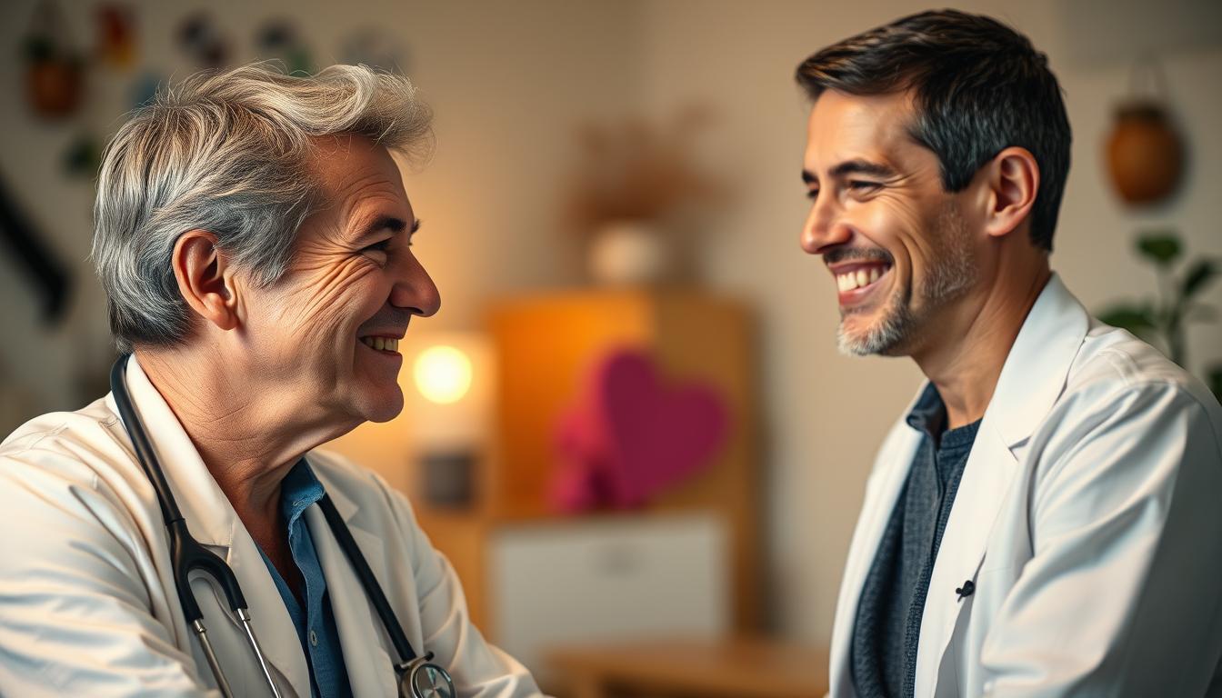 A warm, empathetic doctor listens intently as a grateful patient describes their positive treatment experience. The doctor's face radiates compassion, their gaze focused solely on the patient. The patient's expression conveys relief and contentment, their body language open and relaxed. Vibrant, diffused lighting gently illuminates the serene, inviting scene, creating a sense of trust and connection. In the background, a tranquil, soothing environment with natural elements subtly suggests the holistic, personalized nature of the care provided. The overall atmosphere evokes a harmonious, collaborative patient-practitioner relationship built on mutual understanding and respect.