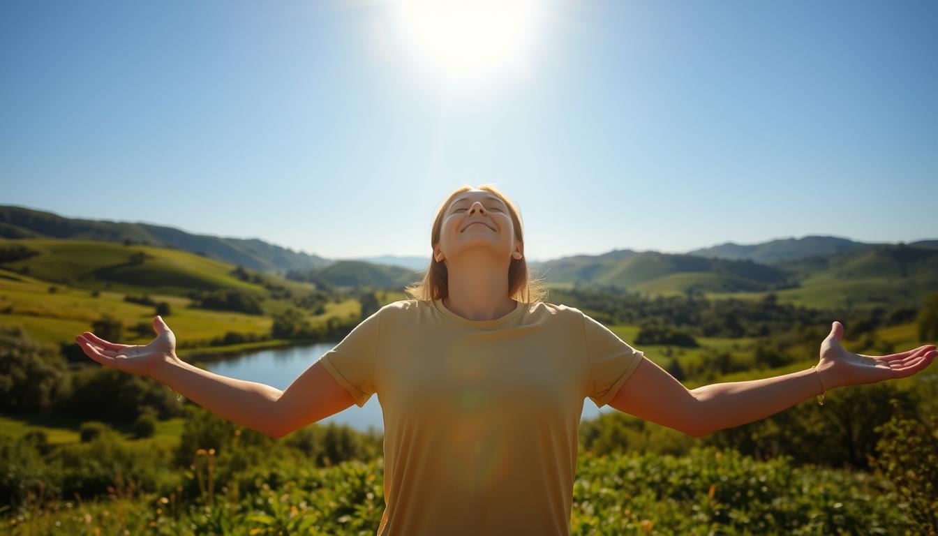 A warm, glowing morning light bathes a lush, verdant landscape. In the foreground, a person stands with arms outstretched, embracing the sunlight's radiant embrace. Their face is serene, eyes closed, as they soak in the therapeutic benefits of this natural energy. The middle ground features a tranquil pond, its surface reflecting the golden rays. In the distance, rolling hills and a clear blue sky complete the idyllic scene. The overall atmosphere is one of rejuvenation, vitality, and the profound impact of vibrant sunlight exposure.
