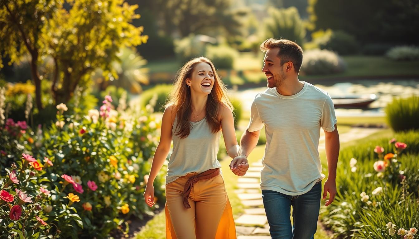 A warm, sun-dappled scene of two friends strolling through a lush, vibrant garden, their hands clasped in a gesture of deep connection. In the foreground, their faces are animated with laughter, radiating the joy of their meaningful relationship. The middle ground features a winding path lined with blooming flowers, inviting the viewer to join their intimate moment. In the background, a serene pond reflects the verdant landscape, creating a sense of tranquility and harmony. The overall mood is one of genuine, vibrant companionship.