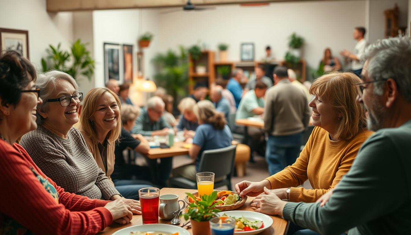 A warm, vibrant community gathering, with people of diverse ages and backgrounds engaged in lively conversation and shared activities. The foreground features a group of friends laughing over a shared meal, their body language suggesting a strong sense of camaraderie and mutual support. In the middle ground, several smaller groups are clustered around tables, working collaboratively on projects or offering encouragement to one another. The background depicts a cozy, well-lit space with plants, artwork, and comfortable furnishings, creating an inviting and nurturing atmosphere. Soft, diffused lighting casts a glow over the scene, enhancing the sense of togetherness and fostering a feeling of lasting social connections. A warm, vibrant community gathering, with people of diverse ages and backgrounds engaged in lively conversation and shared activities. The foreground features a group of friends laughing over a shared meal, their body language suggesting a strong sense of camaraderie and mutual support. In the middle ground, several smaller groups are clustered around tables, working collaboratively on projects or offering encouragement to one another. The background depicts a cozy, well-lit space with plants, artwork, and comfortable furnishings, creating an inviting and nurturing atmosphere. Soft, diffused lighting casts a glow over the scene, enhancing the sense of togetherness and fostering a feeling of lasting social connections.