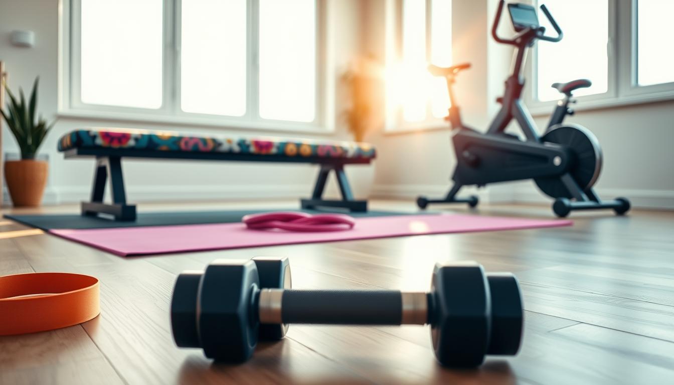 A well-equipped home gym with an array of exercise equipment set against a bright, sunlit backdrop. In the foreground, a pair of adjustable dumbbells, a resistance band, and a yoga mat lie neatly arranged on a sleek, minimalist wooden floor. In the middle ground, a sturdy exercise bench with a vibrant, patterned cushion, and a high-quality stationary bike with a digital display. In the background, large windows let in natural light, casting a warm, vibrant glow over the space. The overall scene conveys a sense of energy, functionality, and thoughtful design, suitable for an active, sustainable home workout routine.