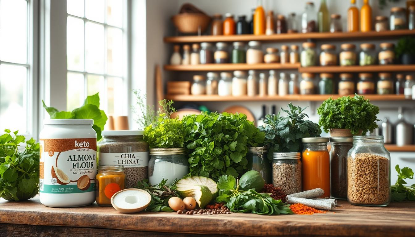 A well-lit, airy kitchen scene with natural lighting spilling in through large windows. In the foreground, an assortment of keto-friendly pantry essentials are artfully arranged on a rustic wooden table - jars of coconut oil, almond flour, chia seeds, and canned low-carb vegetables. The middle ground showcases a variety of fresh herbs, leafy greens, and aromatic spices, all in vibrant swirling colors. In the background, shelves lined with glass jars and bottles filled with healthy keto-approved ingredients, creating a sense of abundance and organization. The overall mood is one of simplicity, functionality, and a commitment to a low-carb lifestyle.