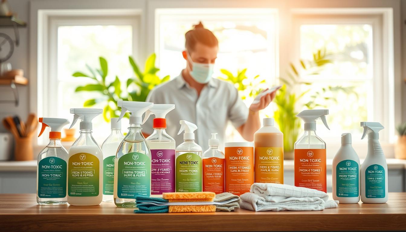A well-lit, airy kitchen setting with natural light streaming through windows. In the foreground, an array of non-toxic cleaning products - spray bottles, sponges, and cloths - arranged neatly on a wooden countertop. The products have vibrant, minimalist packaging that conveys their eco-friendly and safe nature. In the middle ground, a person wearing a protective mask is wiping down a surface, demonstrating the reduced respiratory risks of using these non-toxic cleaners. The background features lush, verdant plants, suggesting a healthy, natural environment. The overall scene is warm, inviting, and conveys the benefits of choosing non-toxic cleaning solutions for one's health and the environment.
