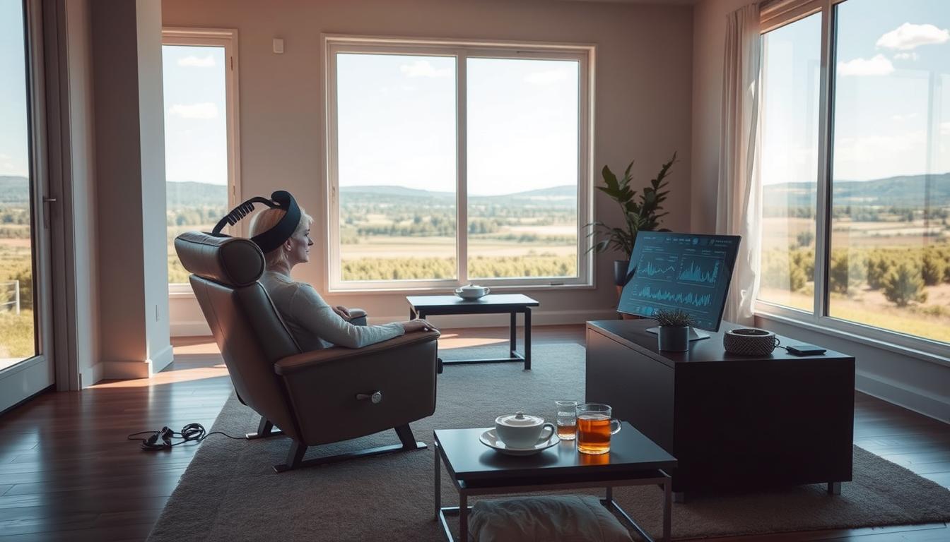 A well-lit biofeedback session setup in a tranquil, airy room. In the foreground, a comfortable recliner chair with a sensor-embedded headband and wrist straps. Across from it, a sleek, modern digital display showing real-time biometric data. The middle ground features a low table with a calming water feature and a selection of soothing herbal teas. The background showcases large windows overlooking a serene outdoor landscape, bathing the space in vibrant, natural light. The overall atmosphere is one of relaxation, introspection, and therapeutic focus.
