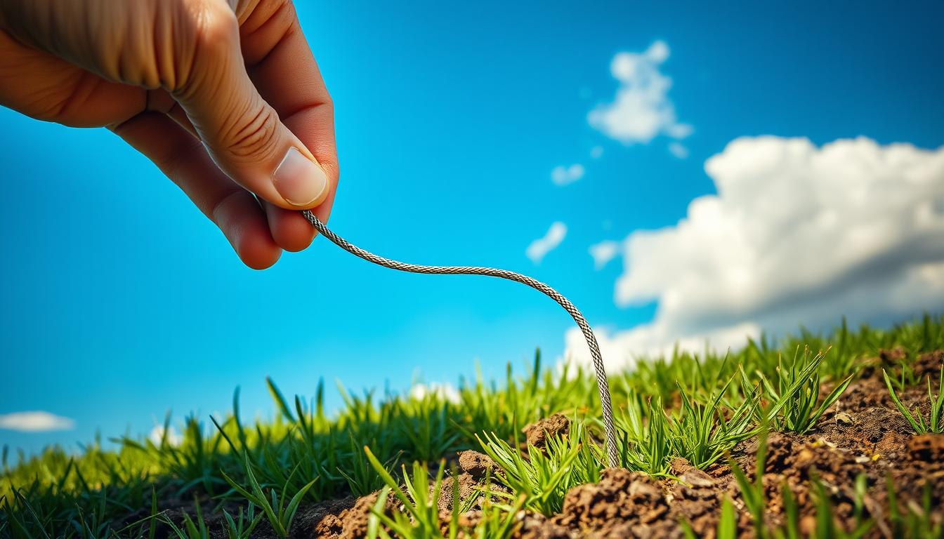 A well-lit, close-up view of a person's hand securely grounding a metal wire to a grounding rod deeply embedded in the earth. The foreground shows the hand grasping the wire, with textures of the skin and the metallic wire clearly visible. The middle ground depicts the grounding rod emerging from the soil, surrounded by a lush, vibrant green grass. The background features a clear, blue sky with fluffy, white clouds, conveying a sense of safety and tranquility. The lighting is natural and warm, highlighting the connection between the human, the wire, and the earth. The overall scene exudes a sense of grounded stability and responsible precaution.