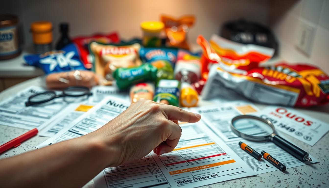 A well-lit countertop displays an array of nutrition labels, their vibrant colors swirling and intertwining. Magnifying glasses and highlighters lay scattered, hinting at the intricate process of decoding these labels. In the foreground, a hand points to a specific section, guiding the viewer's eye towards the hidden carb content. The middle ground features a variety of packaged foods, each with its own unique nutritional information. The background blurs into a soft, gradient of complementary colors, creating a sense of depth and focus on the central task at hand - mastering the art of reading and understanding nutrition labels.