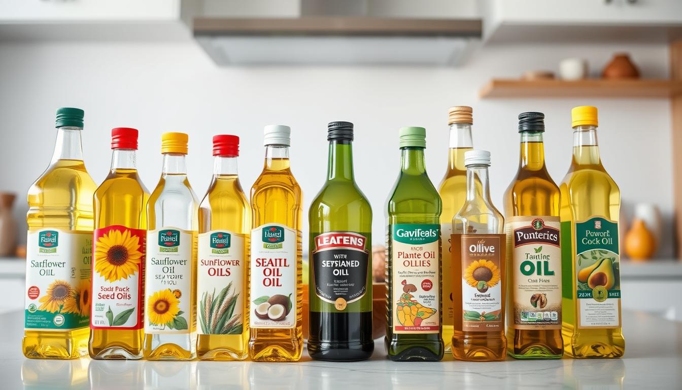 A well-lit countertop showcases an array of common cooking oils, each in a clear glass bottle. The foreground features close-up shots of several seed oils, such as sunflower, safflower, and sesame, with their labels prominently displayed. The middle ground includes a variety of plant-based oils, including olive, coconut, and avocado, arranged in a vibrant, visually appealing manner. The background depicts a clean, minimalist kitchen setting, allowing the oils to take center stage. The overall scene conveys a sense of informative clarity, inviting the viewer to closely examine and identify the different seed oils present in their diet.