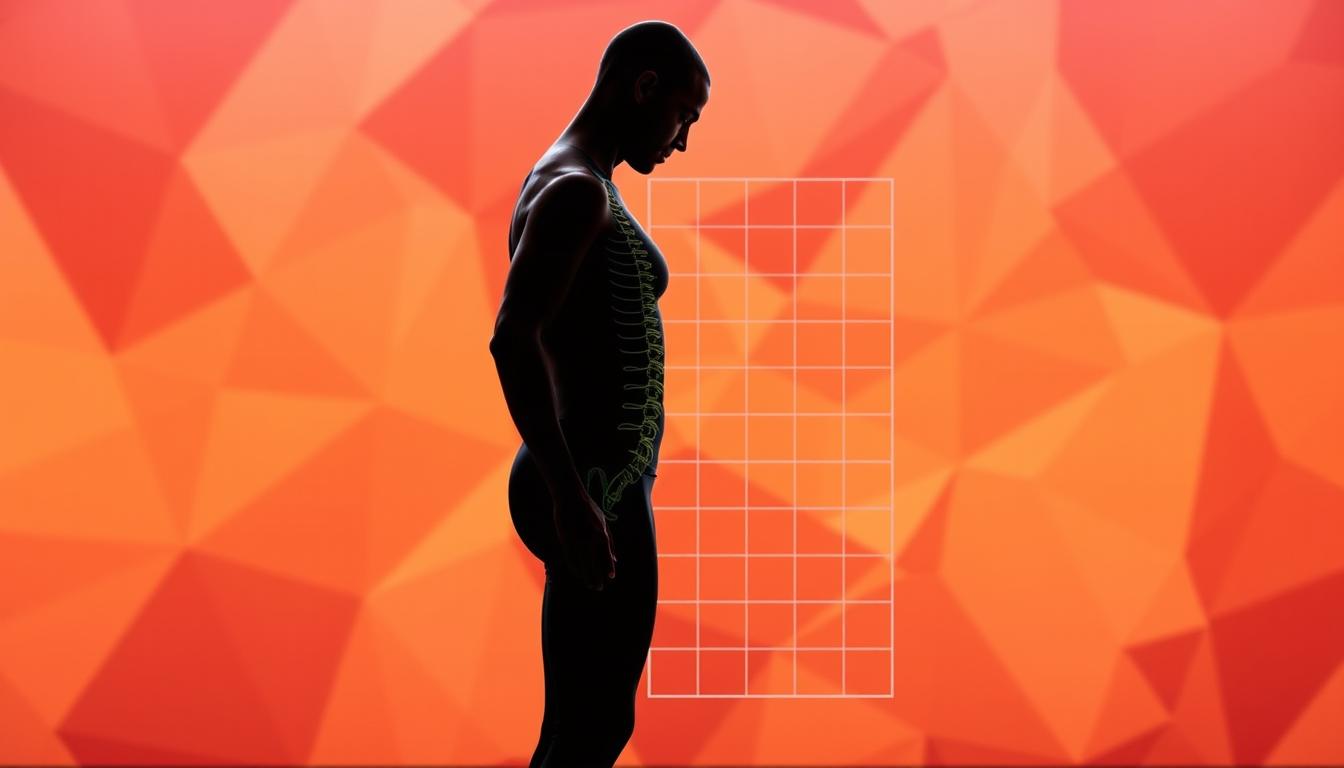 A well-lit, detailed illustration of proper posture techniques for core activation. In the foreground, a figure stands upright with shoulders back, head balanced, and core engaged. In the middle ground, a subtle grid-like overlay outlines ideal spinal alignment and posture cues. The background features a vibrant, abstract geometric pattern in warm, earthy tones, creating a calm, focused atmosphere. The scene is captured with a wide-angle lens, providing a comprehensive view of the subject's body mechanics and posture guidelines.
