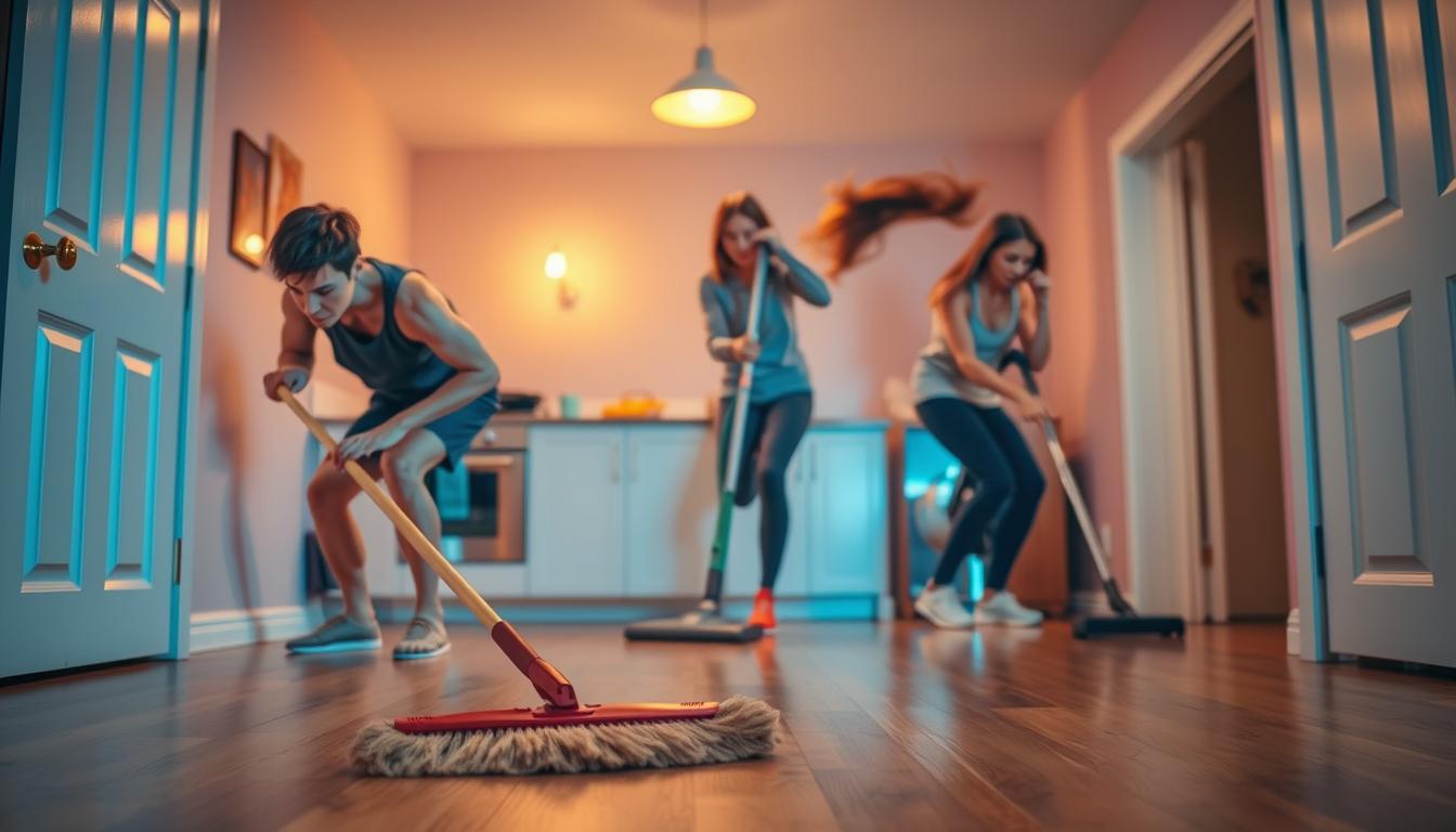 A well-lit, dynamic scene depicting household chores as mini workouts. In the foreground, a person vigorously sweeping the floor, their muscles engaged. In the middle ground, someone energetically mopping, their body in a deep lunge. In the background, a person enthusiastically vacuuming, their movements flowing and graceful. The lighting is vibrant, casting a warm, energetic glow over the entire scene. The overall atmosphere is one of productive, yet playful physical activity, showcasing how ordinary tasks can become mini exercise routines.