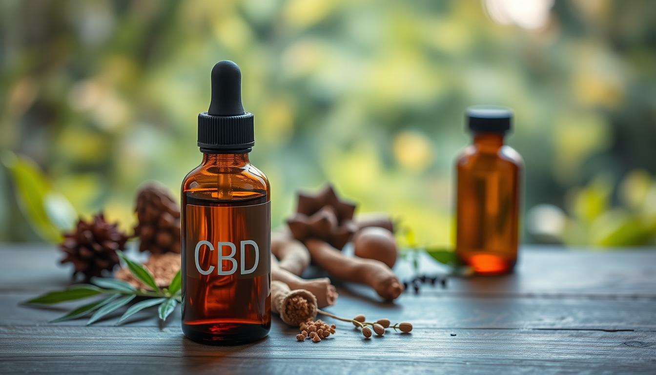 A well-lit glass bottle filled with amber-colored CBD oil stands prominently in the foreground, its label displaying the word "CBD" in bold typography. Surrounding it are an assortment of natural adaptogens, such as ashwagandha, rhodiola, and maca root, artfully arranged in the midground. The background features a serene, out-of-focus nature scene, with soft, vibrant foliage and a peaceful, calming atmosphere. The overall composition conveys a sense of wellness, balance, and the harmonious integration of natural remedies.