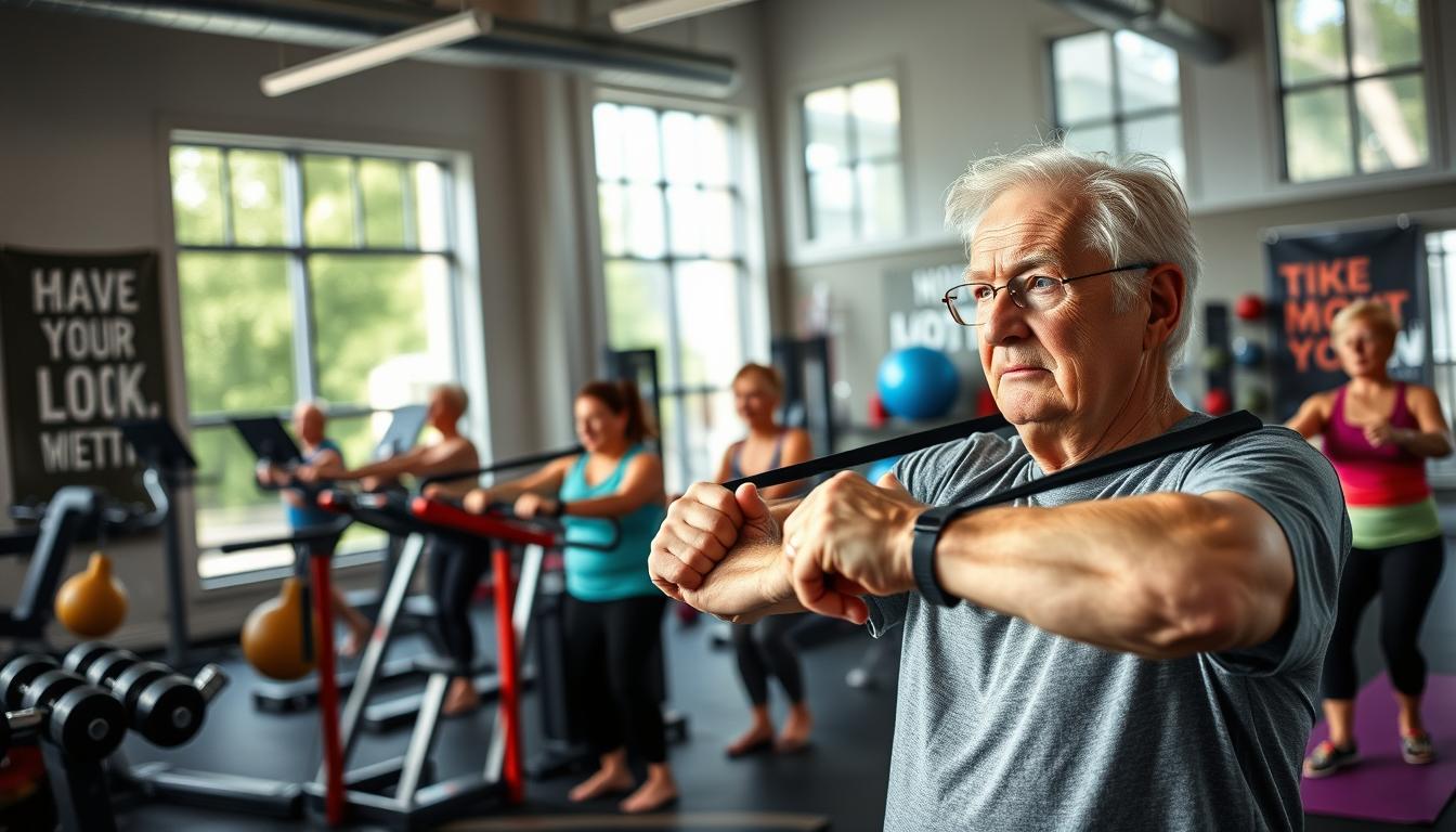 A well-lit gym interior with large windows, natural light streaming in. In the foreground, a senior adult engaged in strength training exercises using resistance bands, their face displaying determination and focus. In the middle ground, several other older adults working out on weight machines, each at their own station. The background features motivational wall art and equipment like free weights, exercise balls, and yoga mats. The overall atmosphere is vibrant, with a sense of empowerment and independence radiating from the scene.
