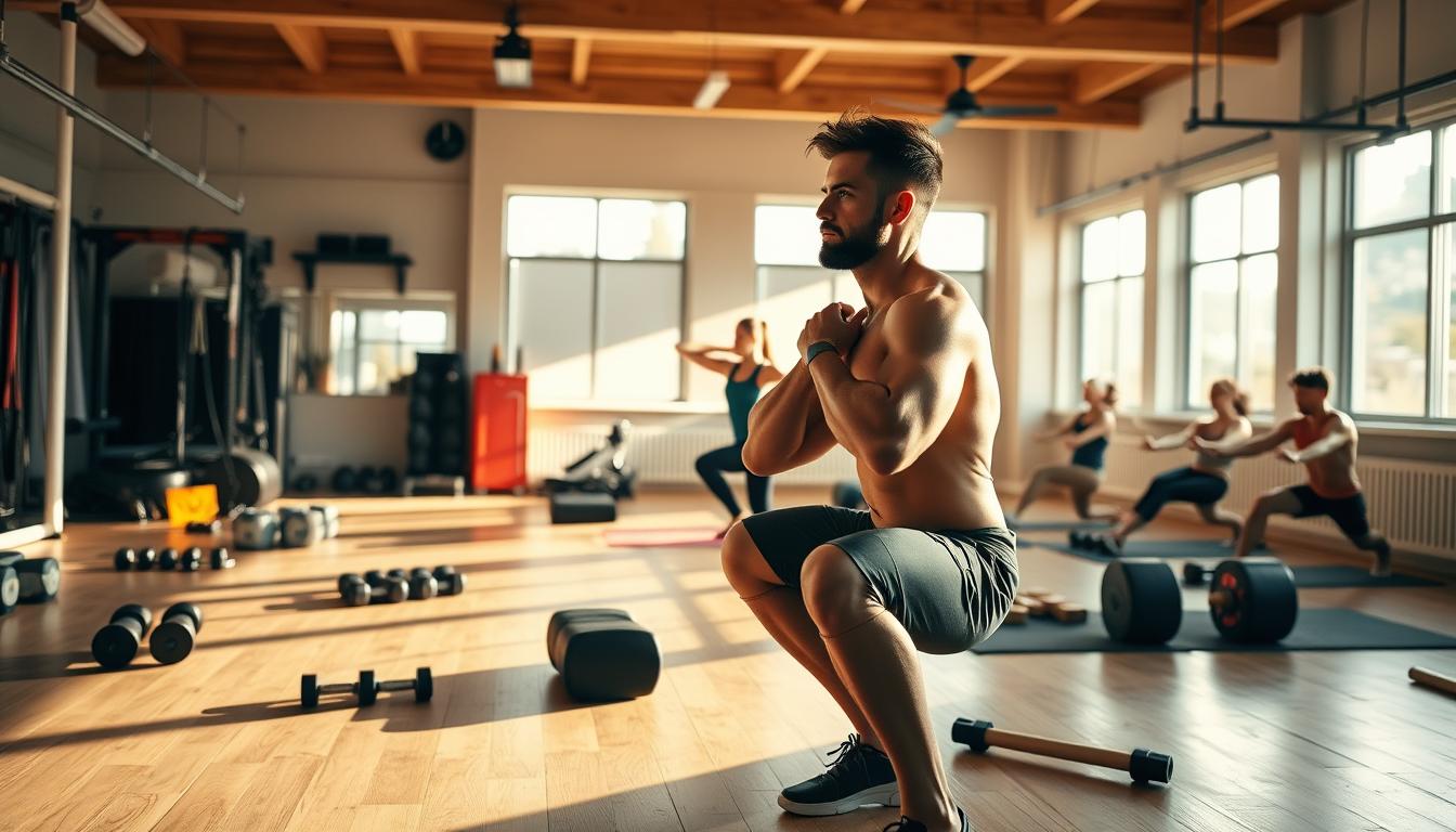 A well-lit gym interior with wooden floors and minimalist decor. In the foreground, a focused man performs a squat, muscles straining as he rises from the ground. Surrounding him, a collection of free weights, resistance bands, and other exercise equipment designed to strengthen joints and improve flexibility. Warm, natural lighting casts long shadows, conveying a sense of determination and vitality. The middle ground features a woman intently stretching her legs, while in the background, a group of people engage in a variety of joint-strengthening exercises, including lunges and leg raises. The overall atmosphere is vibrant, inspiring, and focused on the natural, holistic benefits of strength training for joint health.