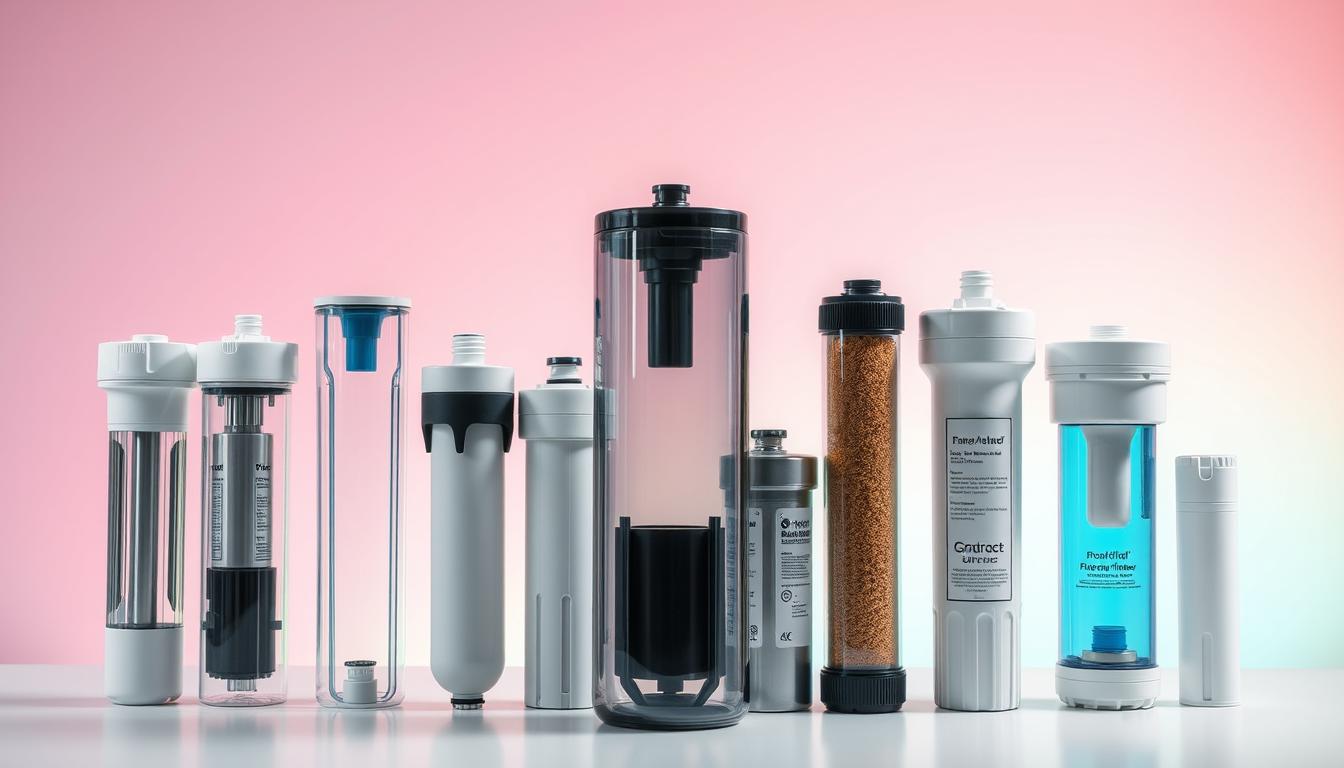 A well-lit, high-quality comparison of different water filters, showcasing their internal mechanisms, filtering capabilities, and overall design. The foreground displays the filters in a clean, minimalist arrangement, highlighting their unique shapes and materials. The middle ground provides a clear view of the filtration process, with transparent housings revealing the internal components. The background features a soft, subtly vibrant gradient, creating a sense of depth and emphasizing the filters. The lighting is natural and evenly distributed, accentuating the filters' textures and materials. The overall composition is balanced, drawing the viewer's attention to the key features of the water filters. A well-lit, high-quality comparison of different water filters, showcasing their internal mechanisms, filtering capabilities, and overall design. The foreground displays the filters in a clean, minimalist arrangement, highlighting their unique shapes and materials. The middle ground provides a clear view of the filtration process, with transparent housings revealing the internal components. The background features a soft, subtly vibrant gradient, creating a sense of depth and emphasizing the filters. The lighting is natural and evenly distributed, accentuating the filters' textures and materials. The overall composition is balanced, drawing the viewer's attention to the key features of the water filters.