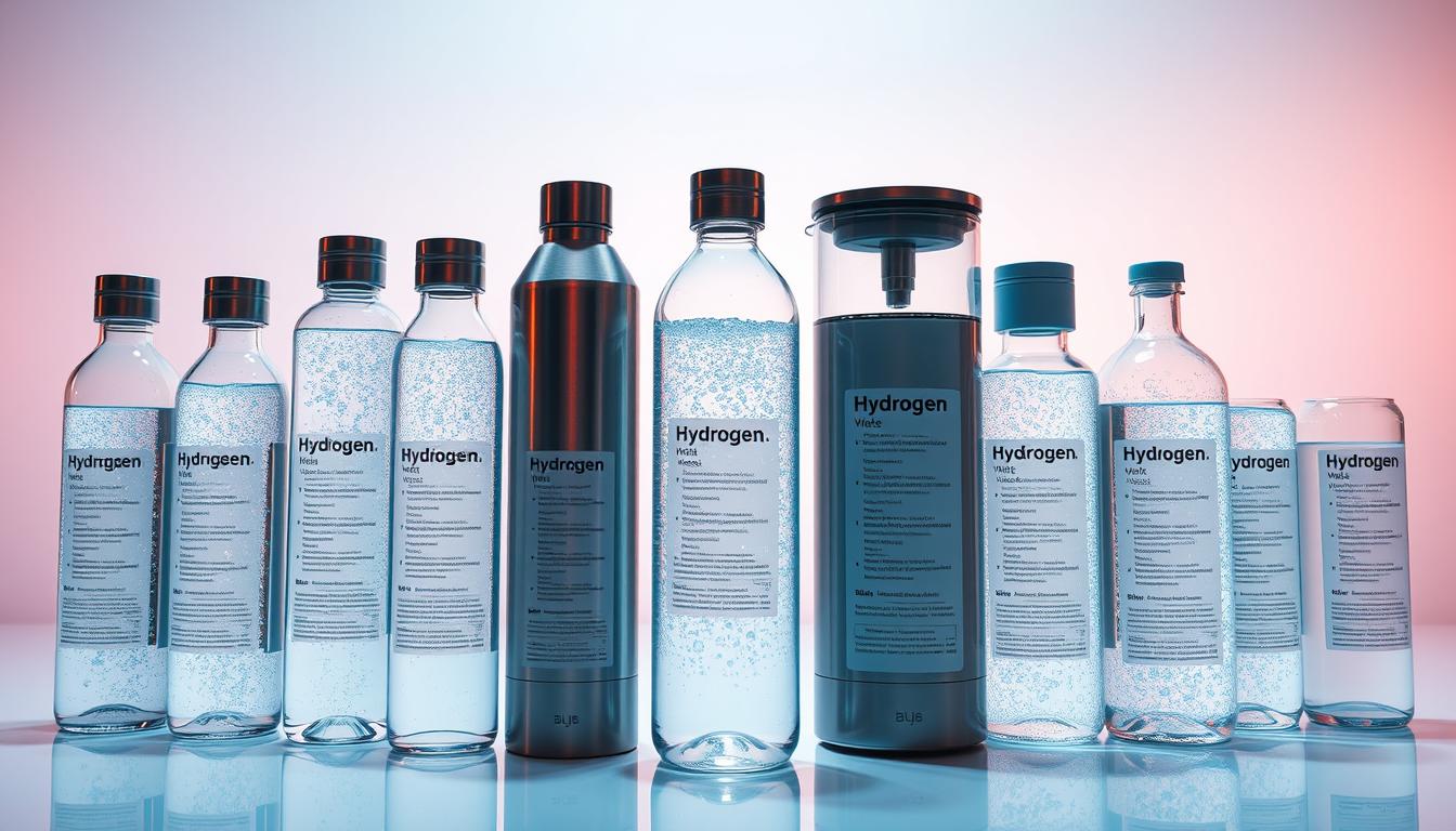 A well-lit, high-resolution product comparison display showcasing various hydrogen water bottles, pitchers, and filtration systems. The foreground features a selection of stylish, glass and stainless steel containers filled with shimmering, effervescent hydrogen-infused water. The middle ground displays informative labels detailing the technical specifications, hydrogen concentration levels, and unique features of each product. The background is a vibrant, minimalist setting with a soft, diffused lighting that creates a serene, scientific atmosphere, accentuating the clean, modern design of the hydrogen water products.