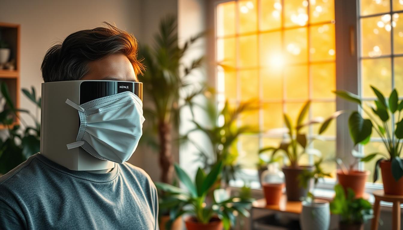 A well-lit indoor scene showcasing various air quality protection tips. In the foreground, a person wearing a high-quality face mask stands beside an air purifier, its sleek design and soft glowing lights adding a sense of modern functionality. In the middle ground, potted plants and indoor greenery create a natural, oxygen-rich atmosphere. The background features large windows letting in warm, vibrant natural light, hinting at the importance of ventilation. The overall mood is one of calm, considered steps to maintain a healthy, vibrant indoor environment.