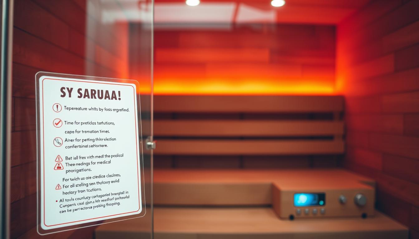 A well-lit infrared sauna interior, showcasing the key safety precautions. In the foreground, a clear signage displaying guidelines like temperature limits, time recommendations, and cautions for those with certain medical conditions. The middle ground features the sauna bench and controls, with a thermometer and timer prominently displayed. The background depicts the sauna's warm, vibrant lighting, creating a calming, therapeutic atmosphere. The overall composition emphasizes the importance of safety awareness and responsible usage of this relaxing wellness technology.