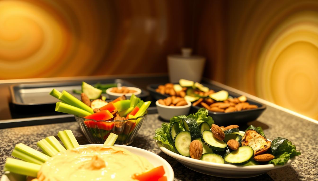 A well-lit kitchen counter displaying an assortment of low-carb nighttime snack options. In the foreground, a platter of fresh vegetables like celery, cucumber, and bell pepper slices, alongside a bowl of creamy hummus. In the middle ground, a tray of baked zucchini chips and a small dish of roasted almonds. The background features a vibrant, swirling gradient of earthy, muted tones, creating a calming, inviting atmosphere. The scene is captured with a warm, soft lighting, highlighting the natural textures and colors of the healthy, satisfying treats.