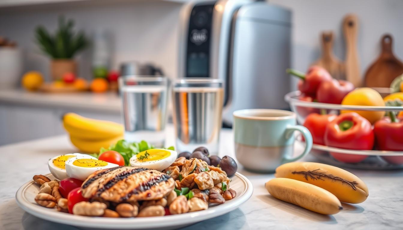A well-lit kitchen counter, its surface adorned with a vibrant array of nutritious foods. In the foreground, a plate holds a balance of protein-rich elements like grilled chicken, eggs, and nuts, alongside colorful fruits and vegetables. In the middle ground, a glass of water and a mug of herbal tea create a soothing ambiance. The background features a sleek, modern appliance, symbolizing the tools available to manage cravings and maintain a healthy, balanced diet. The overall scene conveys a sense of control, discipline, and a harmonious approach to satisfying both protein and sugar needs.