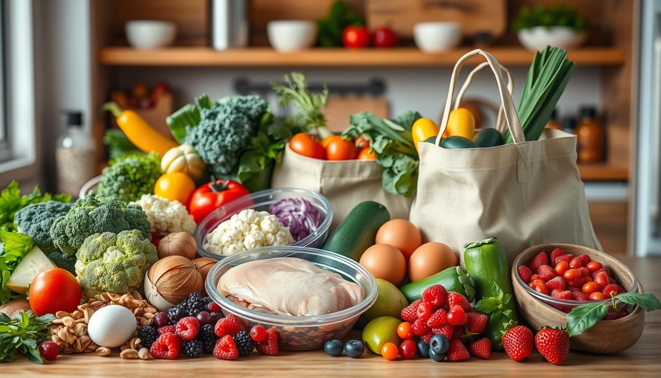 A well-lit kitchen counter overflowing with a variety of low-carb grocery items - fresh vegetables like broccoli, cauliflower, and zucchini; lean protein sources such as chicken breasts and eggs; healthy fats from avocados and nuts; and vibrant swirling colors of superfood berries. The foreground features a mix of these nutritious ingredients, while the middle ground showcases them neatly arranged in reusable cloth shopping bags. The background fades into a warm, inviting ambiance, creating a sense of abundance and cost-effective, balanced eating.