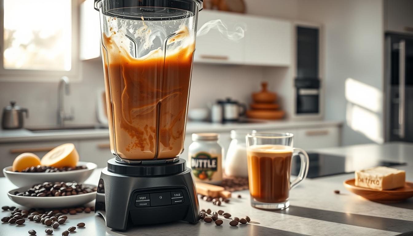 A well-lit kitchen counter, with a high-quality blender in the foreground. The blender is in use, its blades whirring, creating a dynamic swirl of vibrant, creamy-looking coffee. Wisps of steam rise from the blender, suggesting the liquid is hot. In the middle ground, various ingredients are neatly arranged, such as high-quality coffee beans, grass-fed butter, and a glass of freshly blended bulletproof coffee. The background features a minimalist, modern kitchen with stainless steel appliances and natural light streaming in through large windows, creating a bright, airy atmosphere.