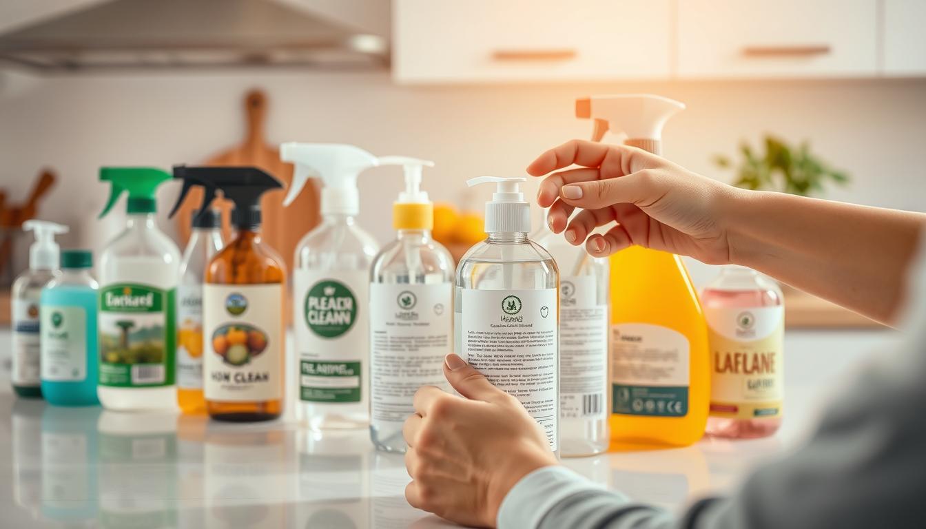A well-lit kitchen counter with an array of non-toxic cleaning products arranged neatly. In the foreground, a person's hands carefully examining the labels, scrutinizing the ingredients and certifications. The middle ground features a clean, minimalist backdrop, allowing the products to take center stage. The overall atmosphere is one of vibrant simplicity, emphasizing the importance of making informed choices about household cleaning items. The lighting is warm and natural, accentuating the transparency and authenticity of the scene.