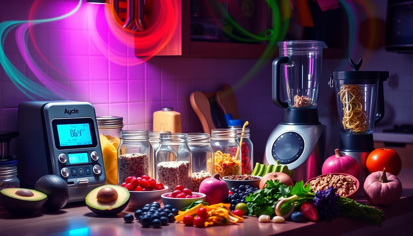 A well-lit kitchen counter with an assortment of low-carb breakfast meal prep tools, including a digital food scale, mason jars for overnight oats, a high-speed blender, a spiralizer for veggie noodles, and a variety of fresh, colorful ingredients like avocados, berries, and leafy greens. The scene is bathed in a vibrant, swirling array of colors, creating a dynamic and appealing composition. The overall mood is one of organization, efficiency, and a commitment to a healthy, low-carb lifestyle.