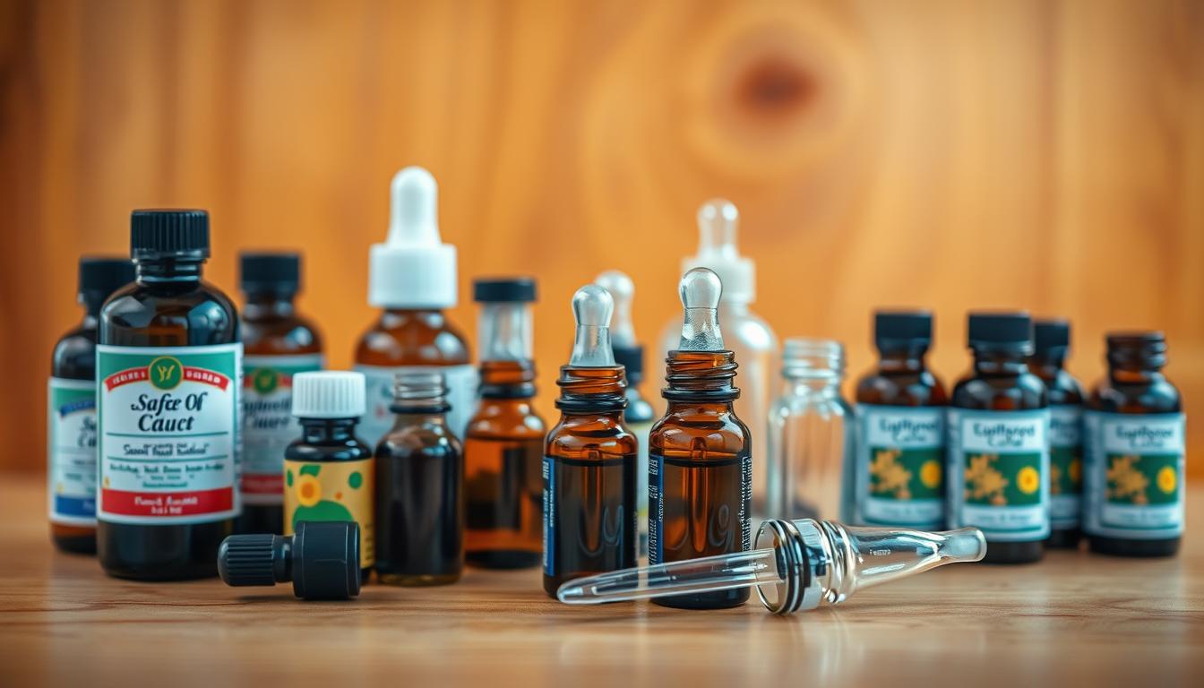 A well-lit, meticulously detailed still life composition depicting essential oil bottles, glass pipettes, and a natural wood surface. The foreground showcases an arrangement of various essential oil bottles, their labels facing the viewer, conveying a sense of safety and care. In the middle ground, glass pipettes and dropper bottles stand alongside the oils, suggesting precise application and dosage. The background features a warm, vibrant wood surface, adding a natural, calming ambiance to the scene. The overall mood is one of thoughtful, professional-grade essential oil usage, emphasizing the importance of safe and effective application.