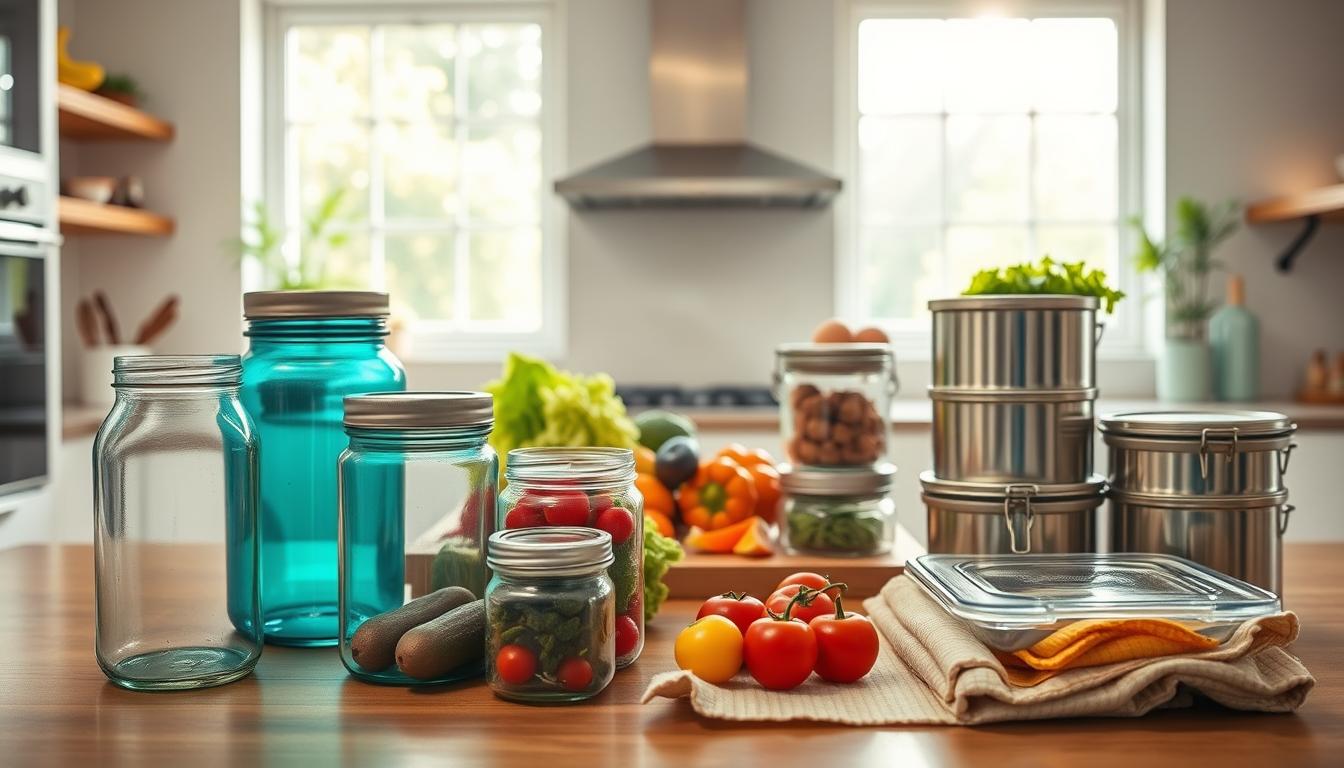 A well-lit, spacious kitchen counter showcases a variety of safe food storage alternatives. In the foreground, glass jars, stainless steel containers, and beeswax-coated cloth wraps stand out against a vibrant, minimalist backdrop. The middle ground features a wooden cutting board with an assortment of fresh produce, hinting at the healthy, natural ingredients these storage solutions are designed to protect. In the background, natural light streams in through large windows, casting a warm, inviting glow over the scene and emphasizing the eco-friendly, sustainable nature of these storage options. The overall mood is one of a vibrant, organized, and health-conscious kitchen, ready to minimize chemical exposure from plastics and cookware. A well-lit, spacious kitchen counter showcases a variety of safe food storage alternatives. In the foreground, glass jars, stainless steel containers, and beeswax-coated cloth wraps stand out against a vibrant, minimalist backdrop. The middle ground features a wooden cutting board with an assortment of fresh produce, hinting at the healthy, natural ingredients these storage solutions are designed to protect. In the background, natural light streams in through large windows, casting a warm, inviting glow over the scene and emphasizing the eco-friendly, sustainable nature of these storage options. The overall mood is one of a vibrant, organized, and health-conscious kitchen, ready to minimize chemical exposure from plastics and cookware.