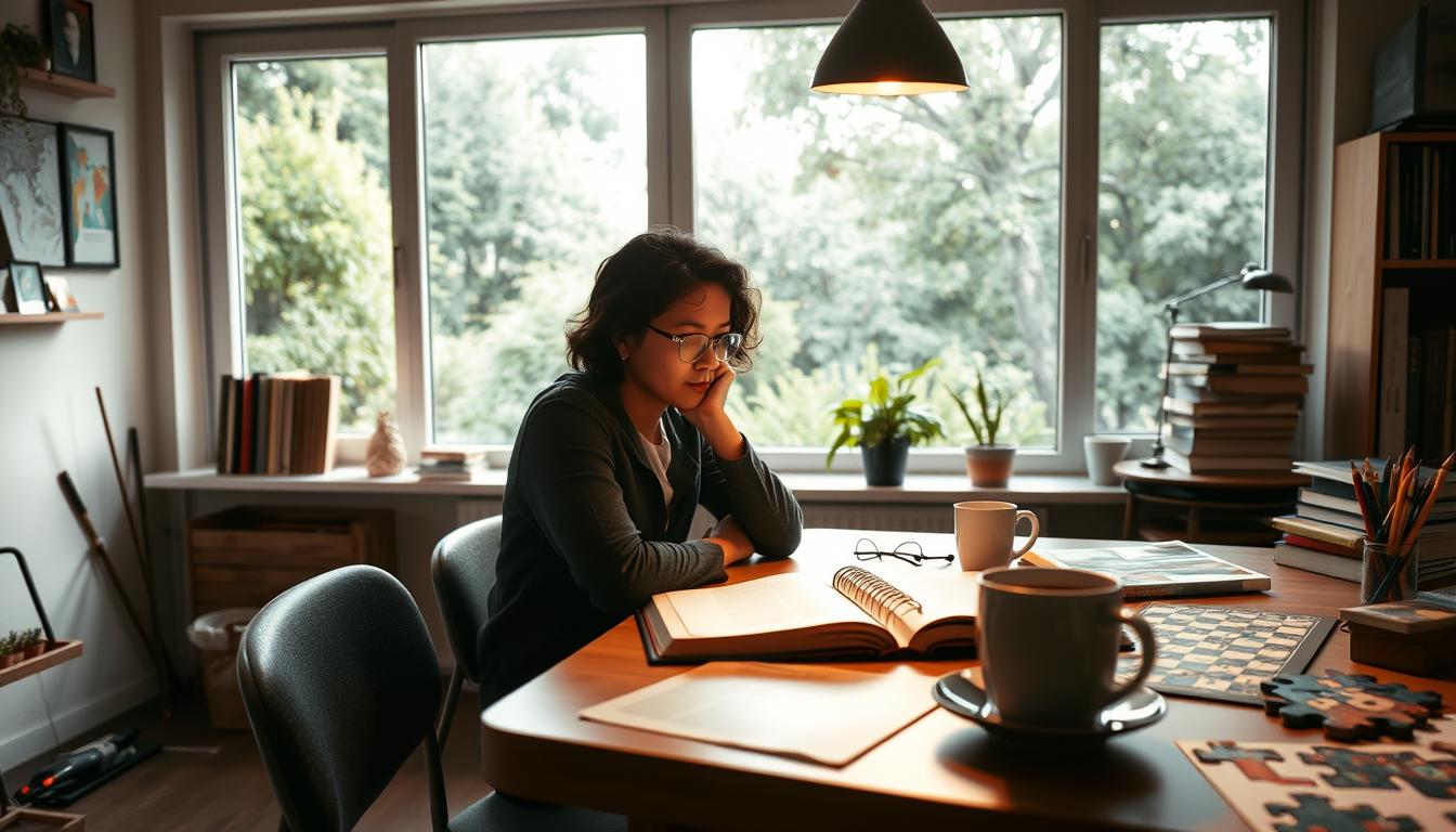 A well-lit study room with a large window overlooking a lush garden. On the desk, an open book, a cup of coffee, and a pair of reading glasses, suggesting an atmosphere of intellectual engagement. In the foreground, a person sits at the desk, deeply absorbed in thought, their expression one of curiosity and concentration. Scattered around the room, various brain-stimulating activities: a chess board, a stack of puzzles, and a set of colored pencils for sketching. The lighting is warm and inviting, creating a sense of productivity and mental stimulation.
